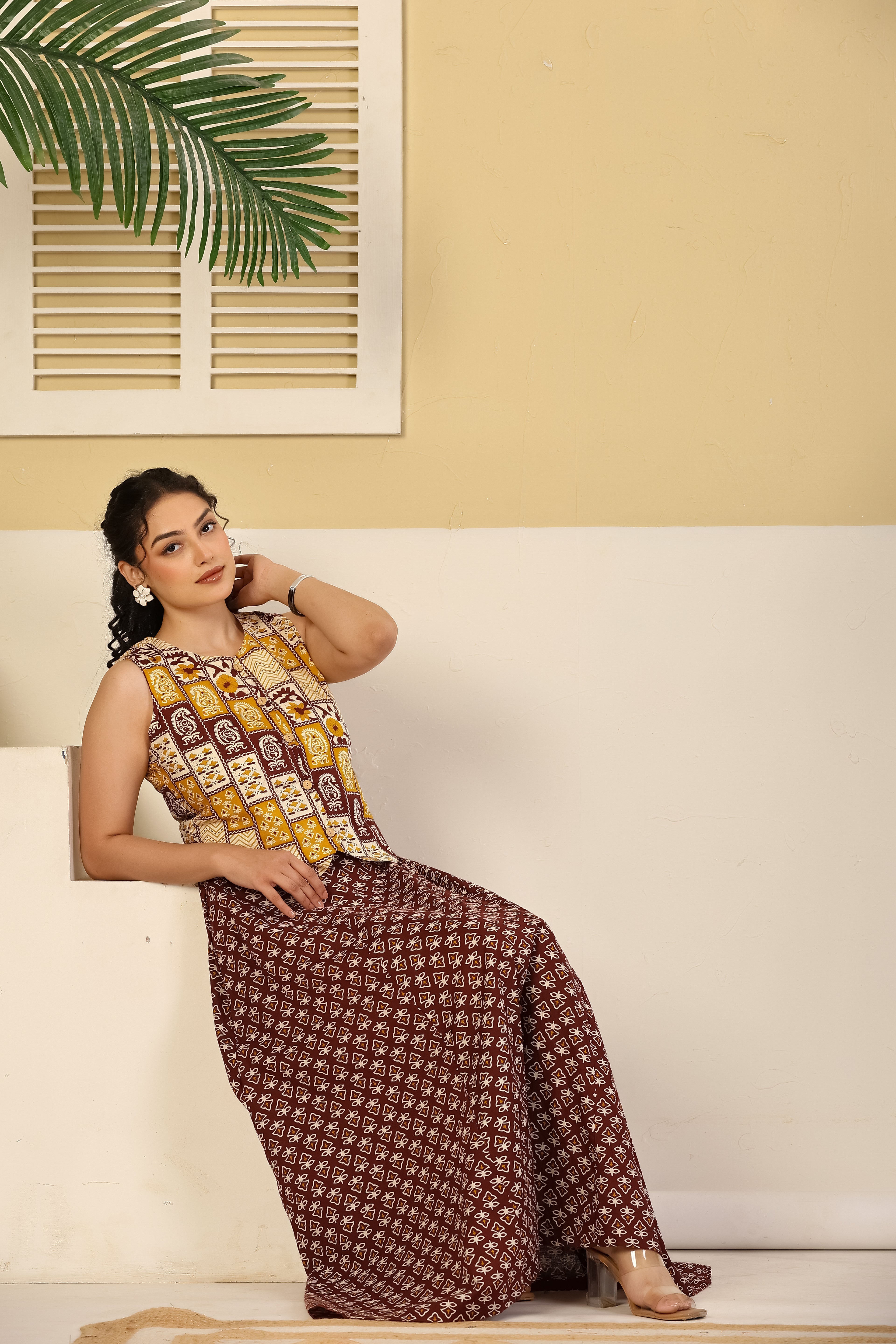 Rust Patchwork Crop Top & Flared Skirt Set