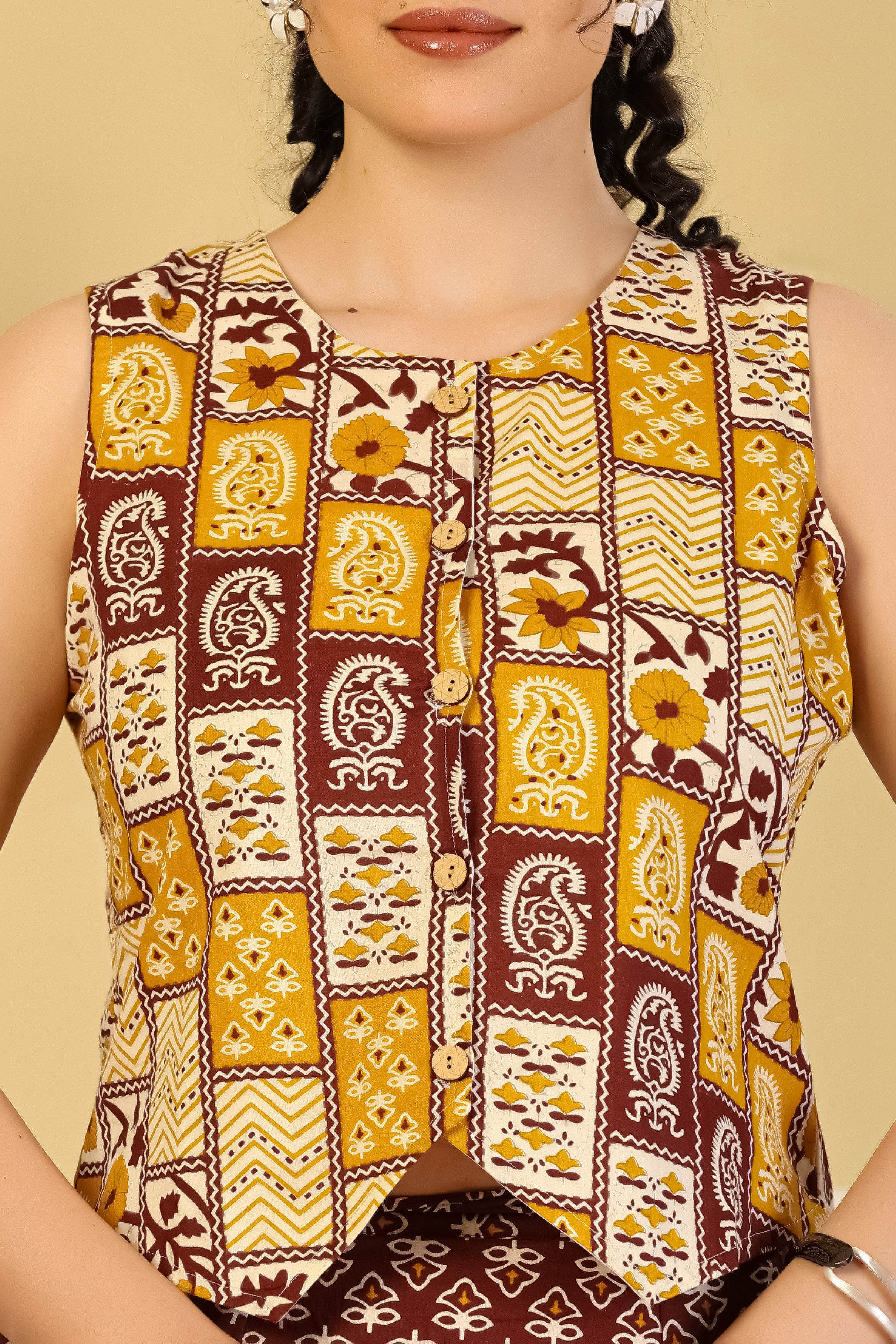 Rust Patchwork Crop Top & Flared Skirt Set