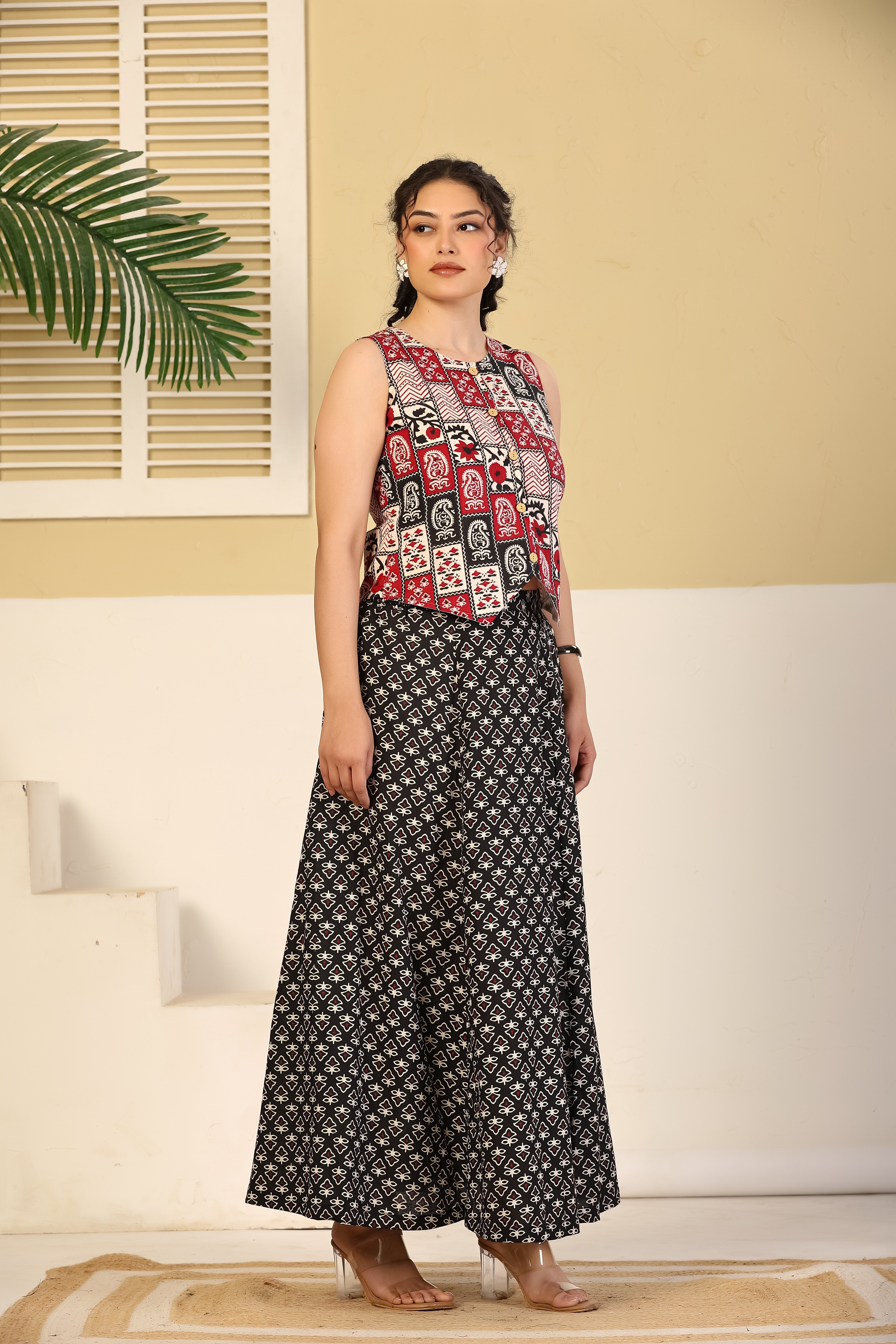 Red Patchwork Crop Top & Black Flared Skirt Set