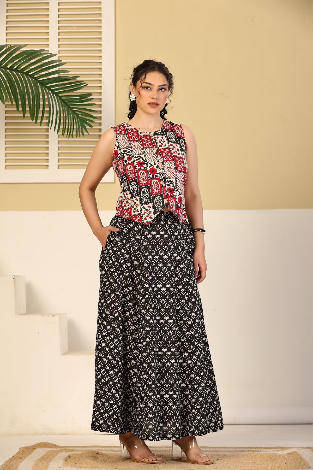 Red Patchwork Crop Top & Black Flared Skirt Set