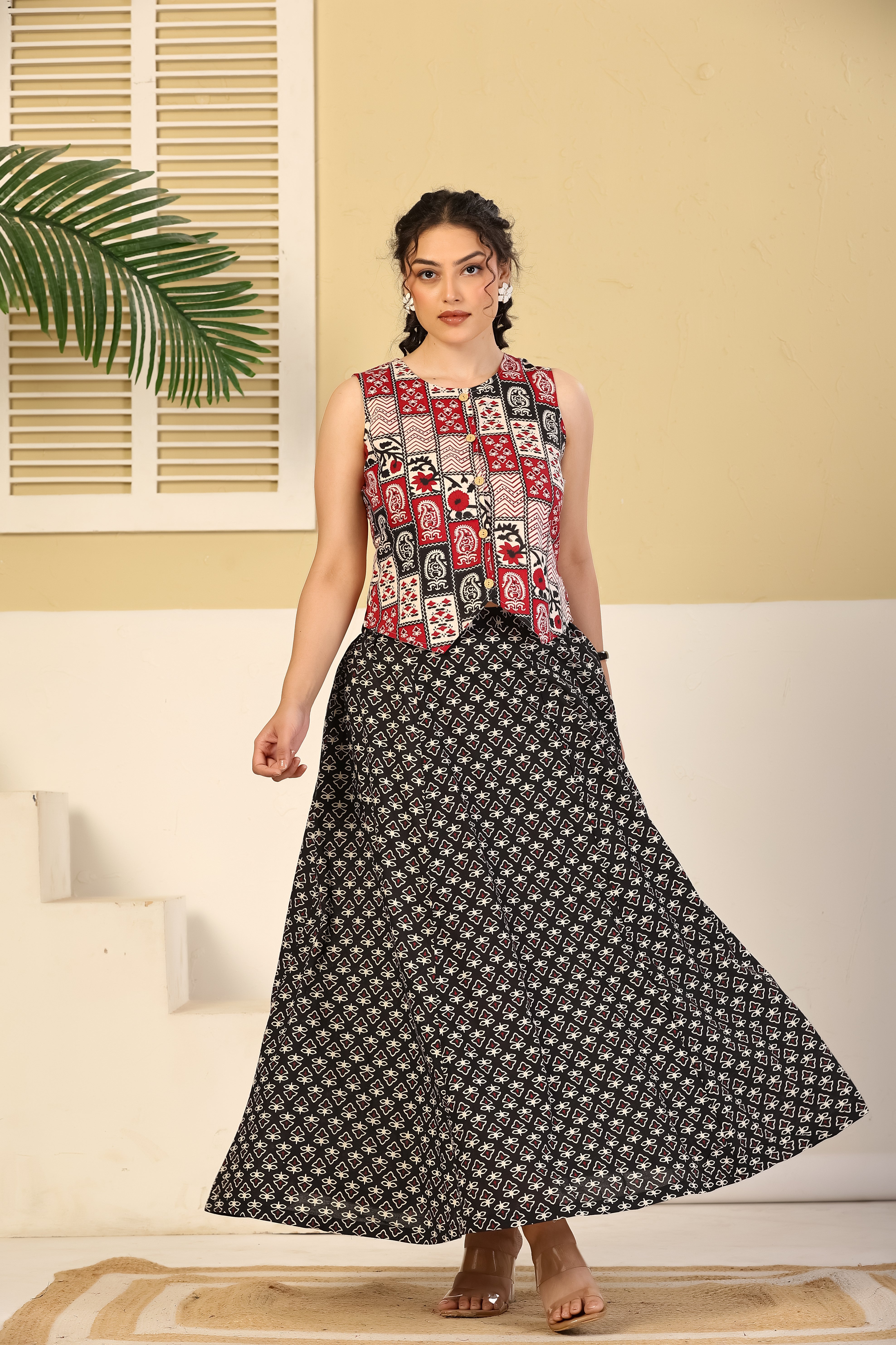 Red Patchwork Crop Top & Black Flared Skirt Set