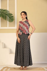 Red Patchwork Crop Top & Black Flared Skirt Set