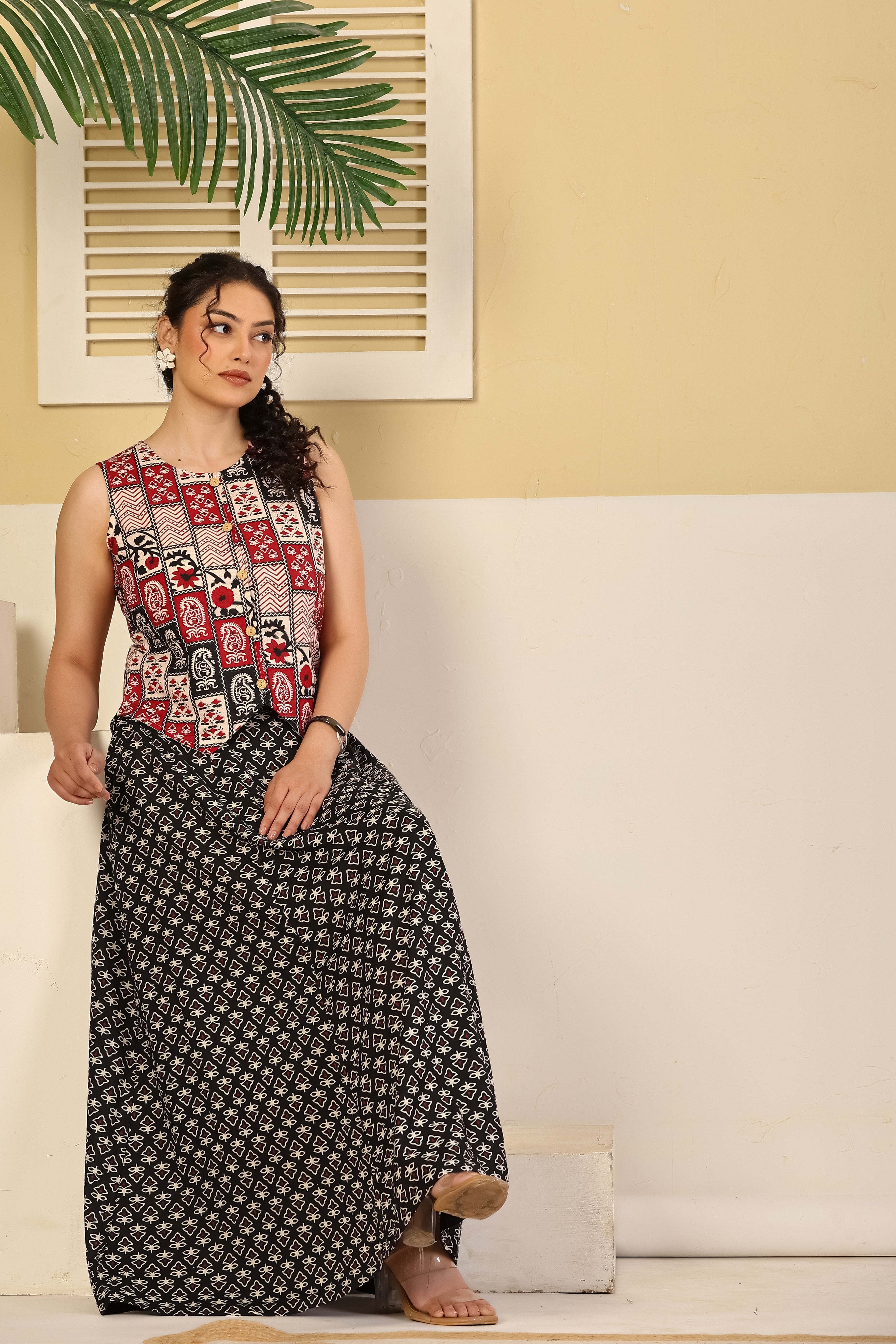Red Patchwork Crop Top & Black Flared Skirt Set