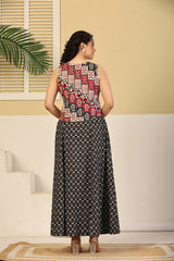 Red Patchwork Crop Top & Black Flared Skirt Set
