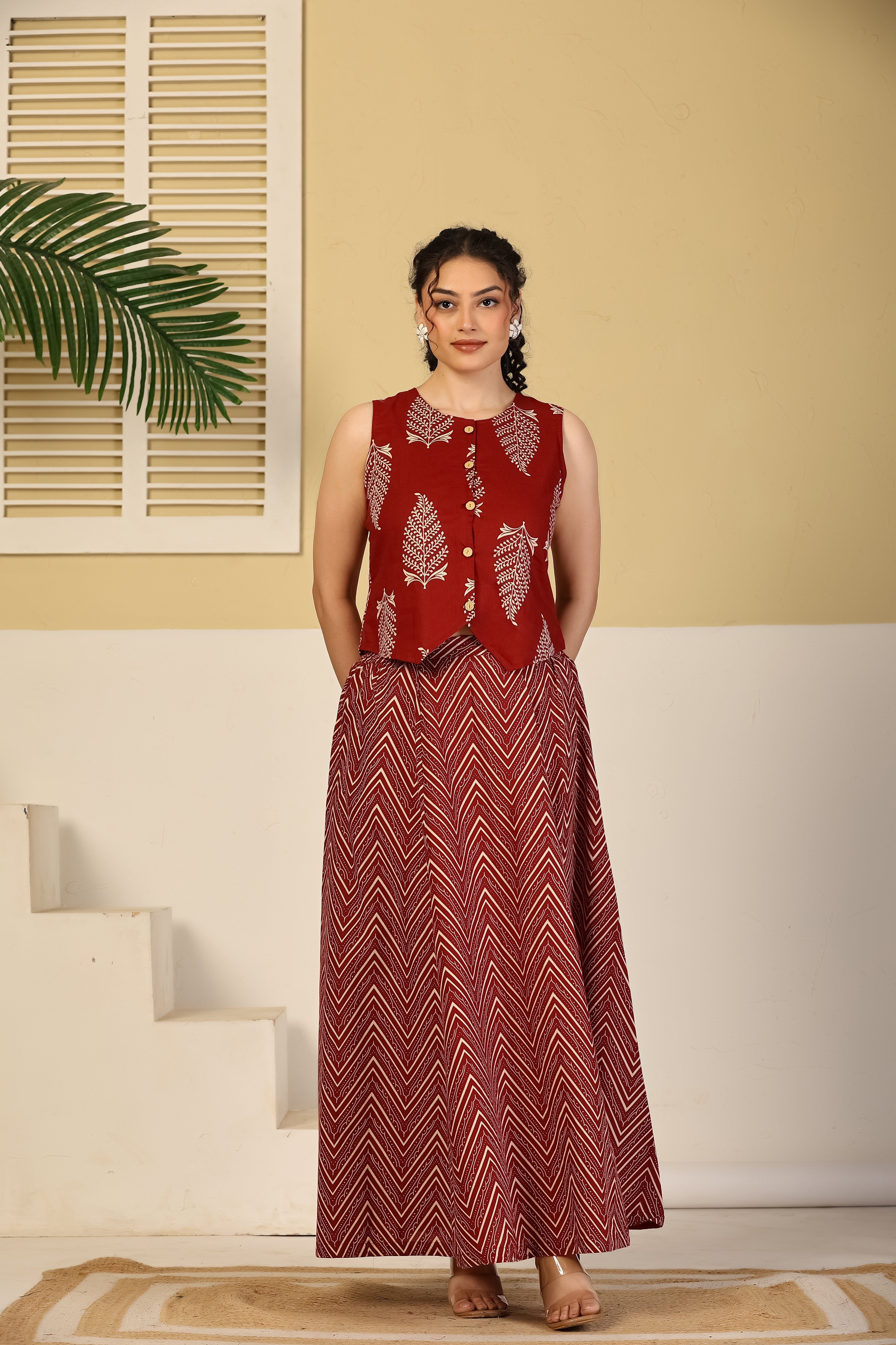 Crimson Leaf Print Crop Top & Chevron Skirt Set
