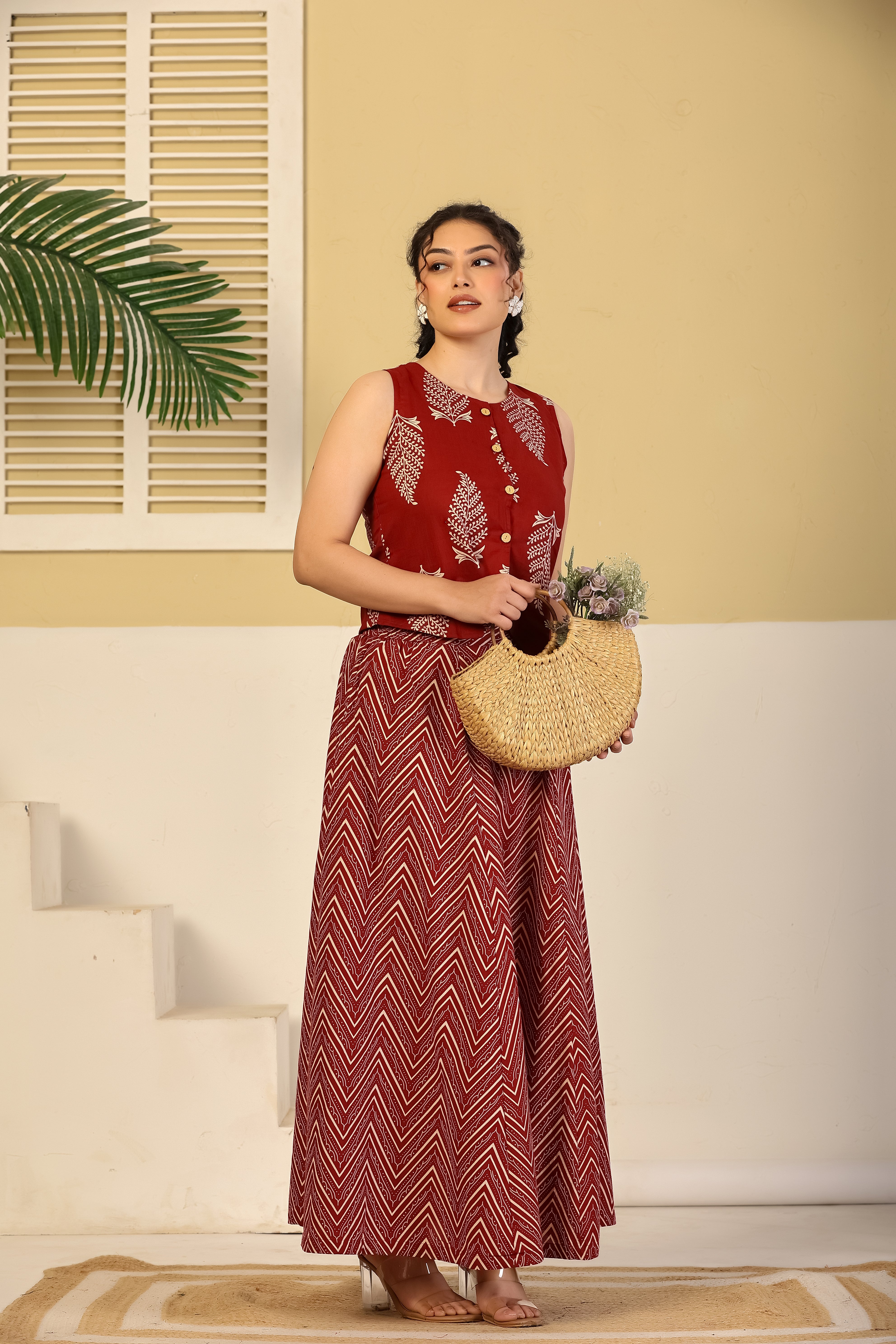 Crimson Leaf Print Crop Top & Chevron Skirt Set