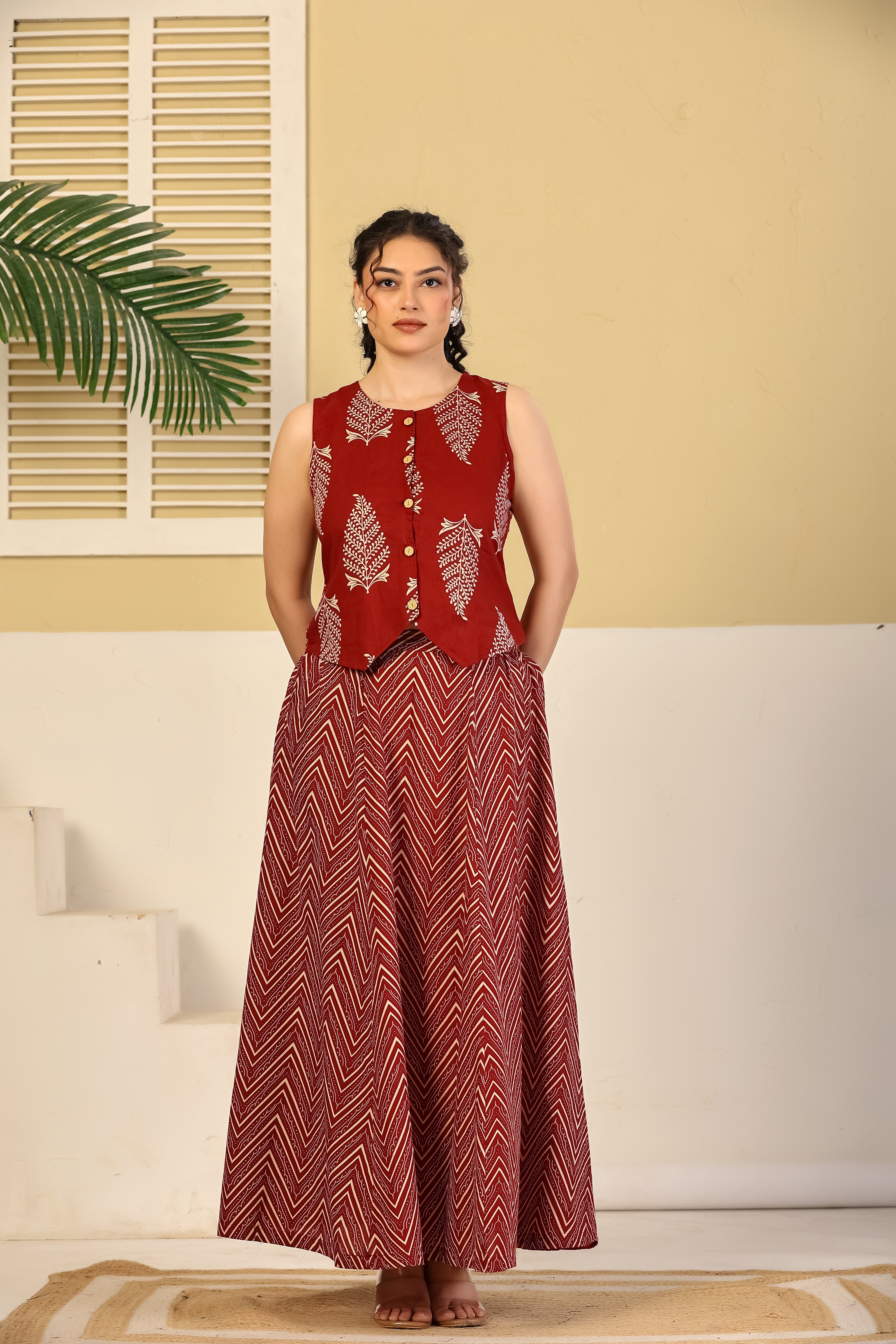 Crimson Leaf Print Crop Top & Chevron Skirt Set