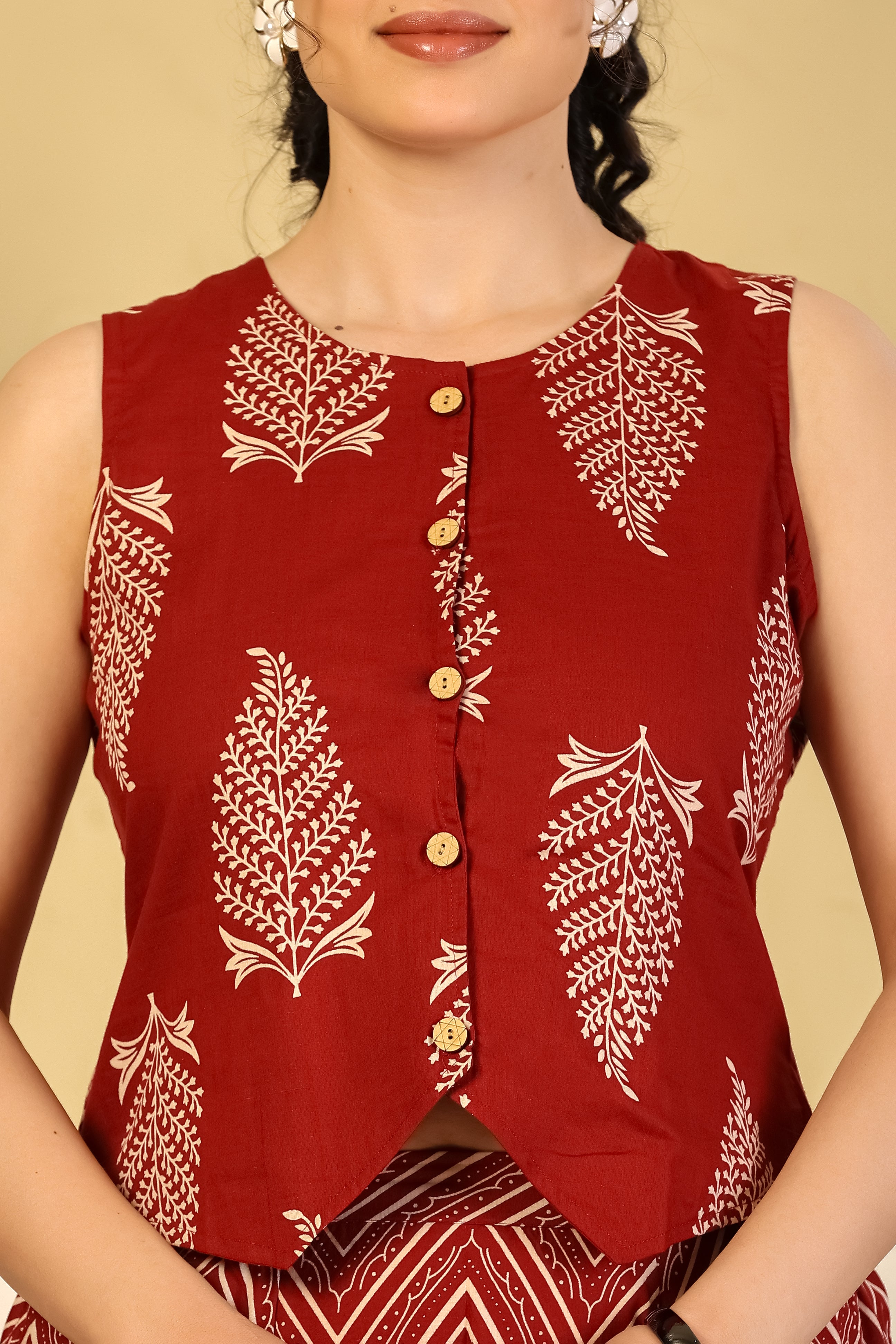 Crimson Leaf Print Crop Top & Chevron Skirt Set