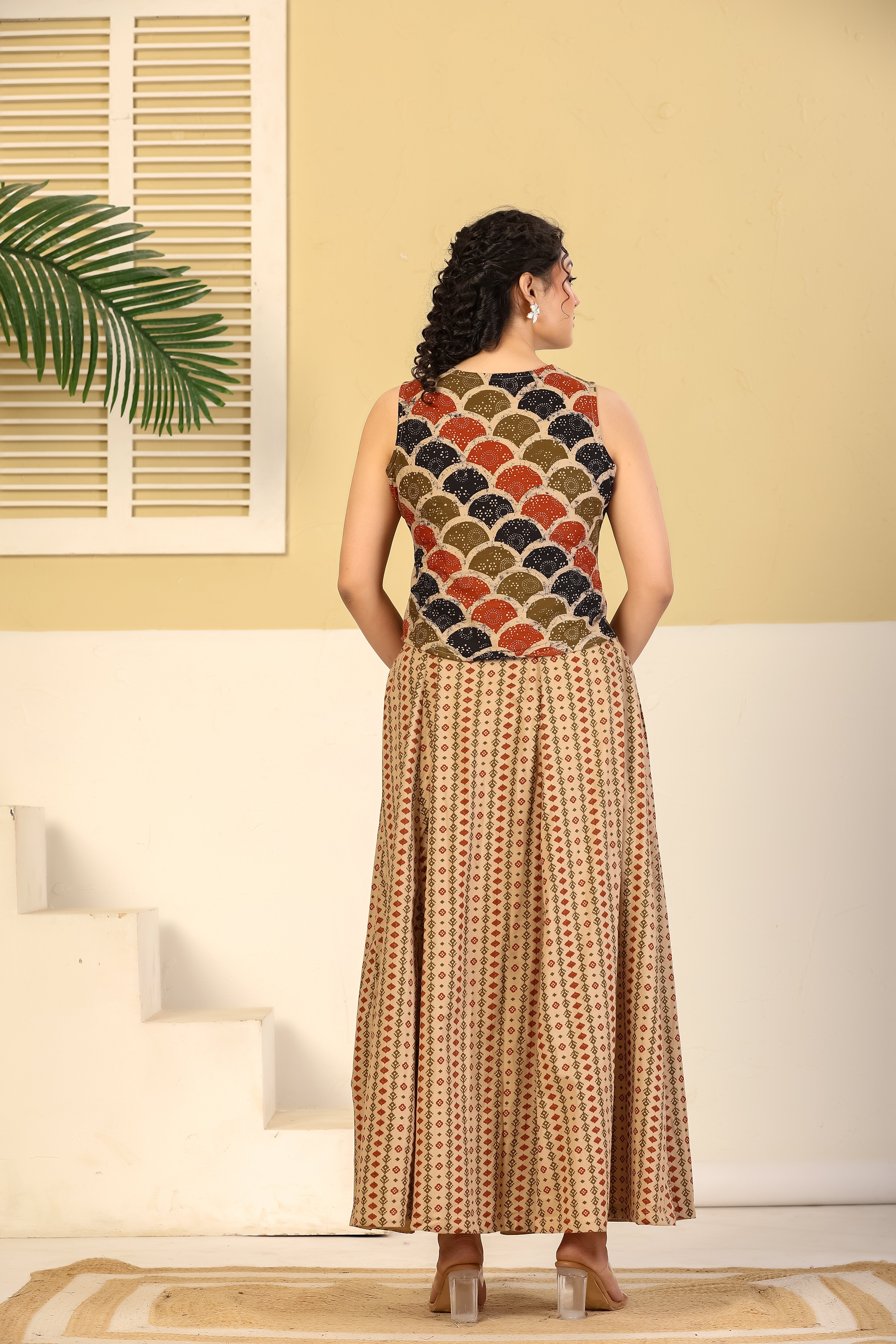 Rust Scallop Print Crop Top & Beige Flared Skirt Set