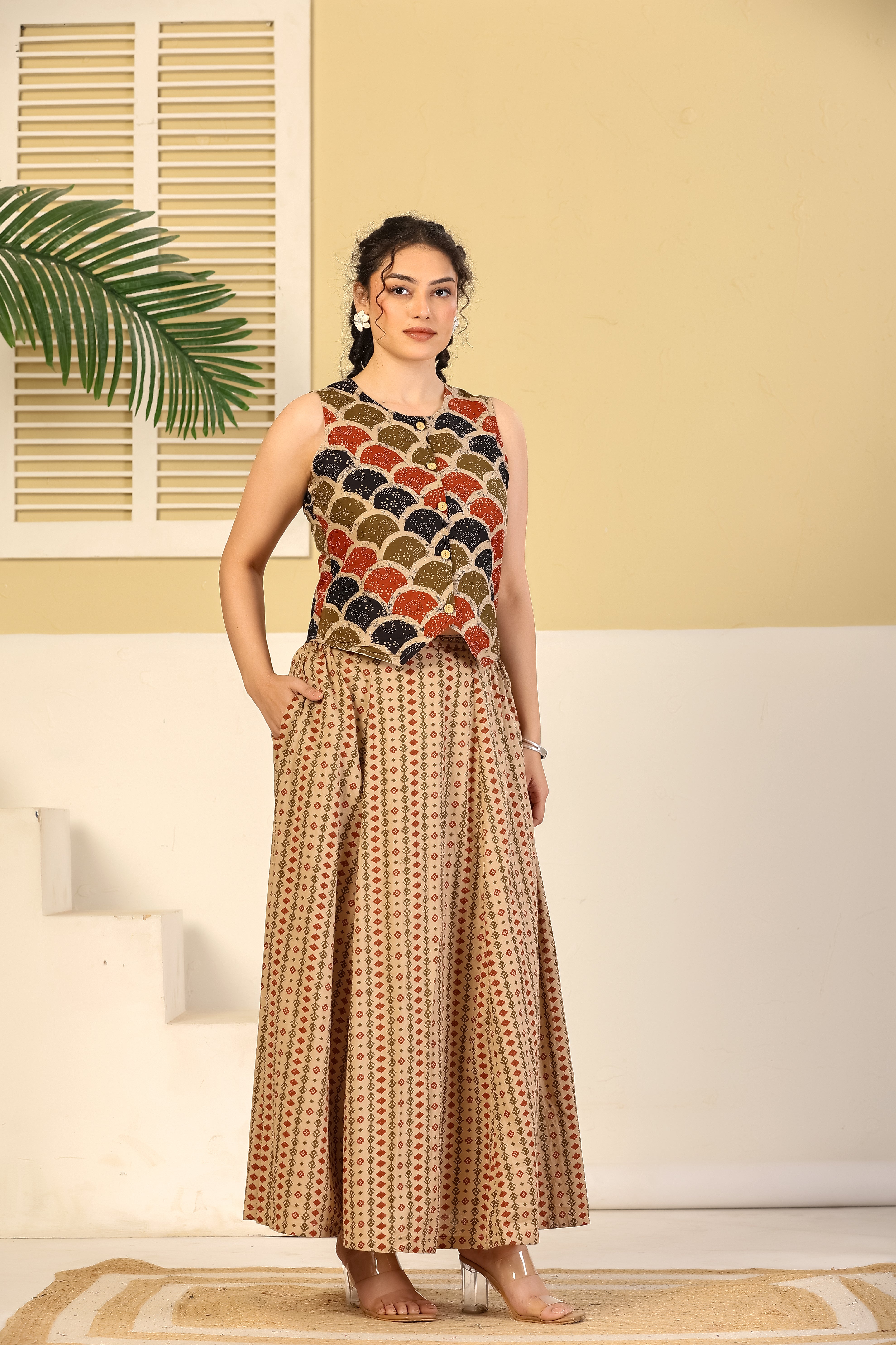 Rust Scallop Print Crop Top & Beige Flared Skirt Set