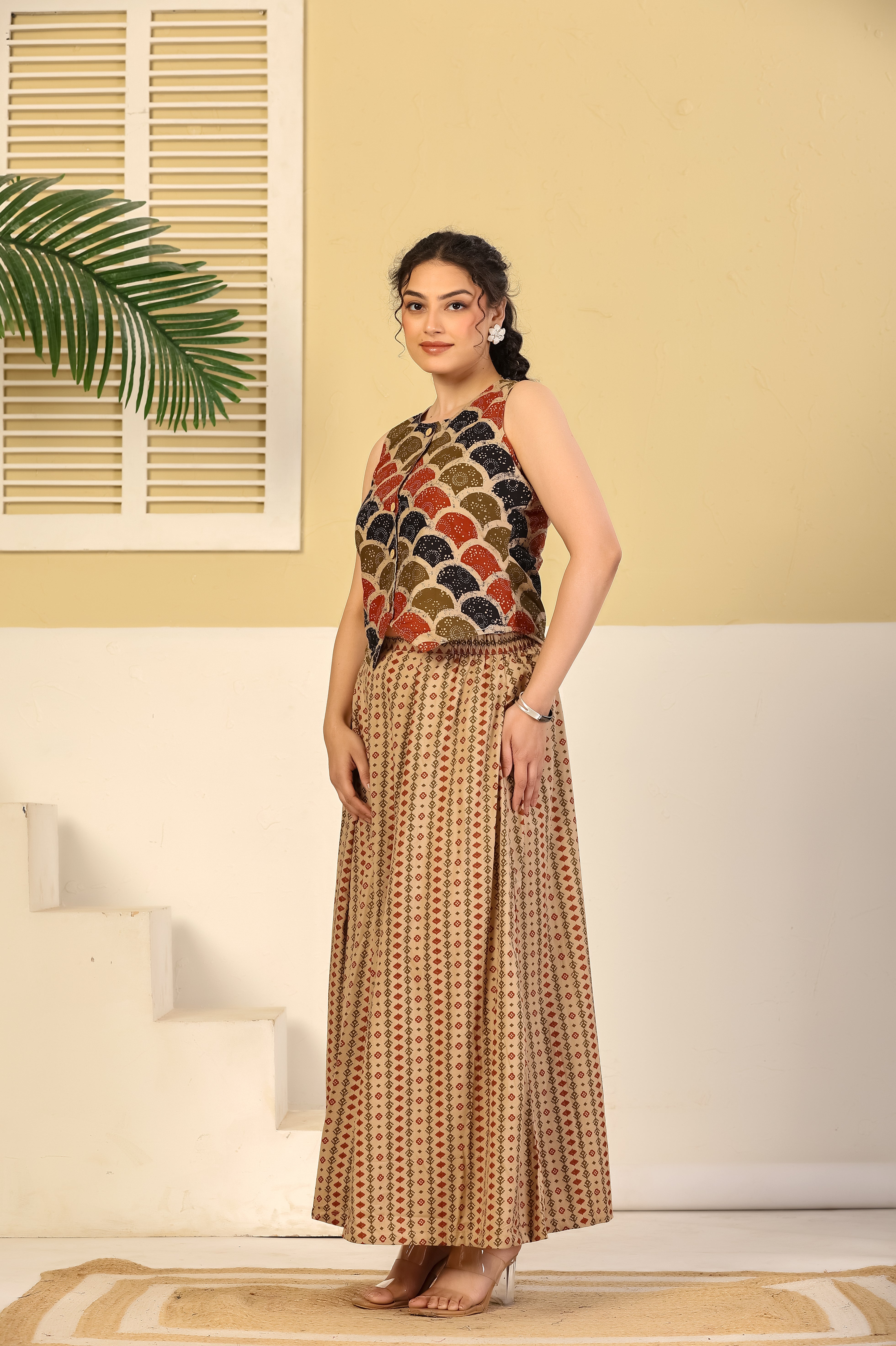 Rust Scallop Print Crop Top & Beige Flared Skirt Set