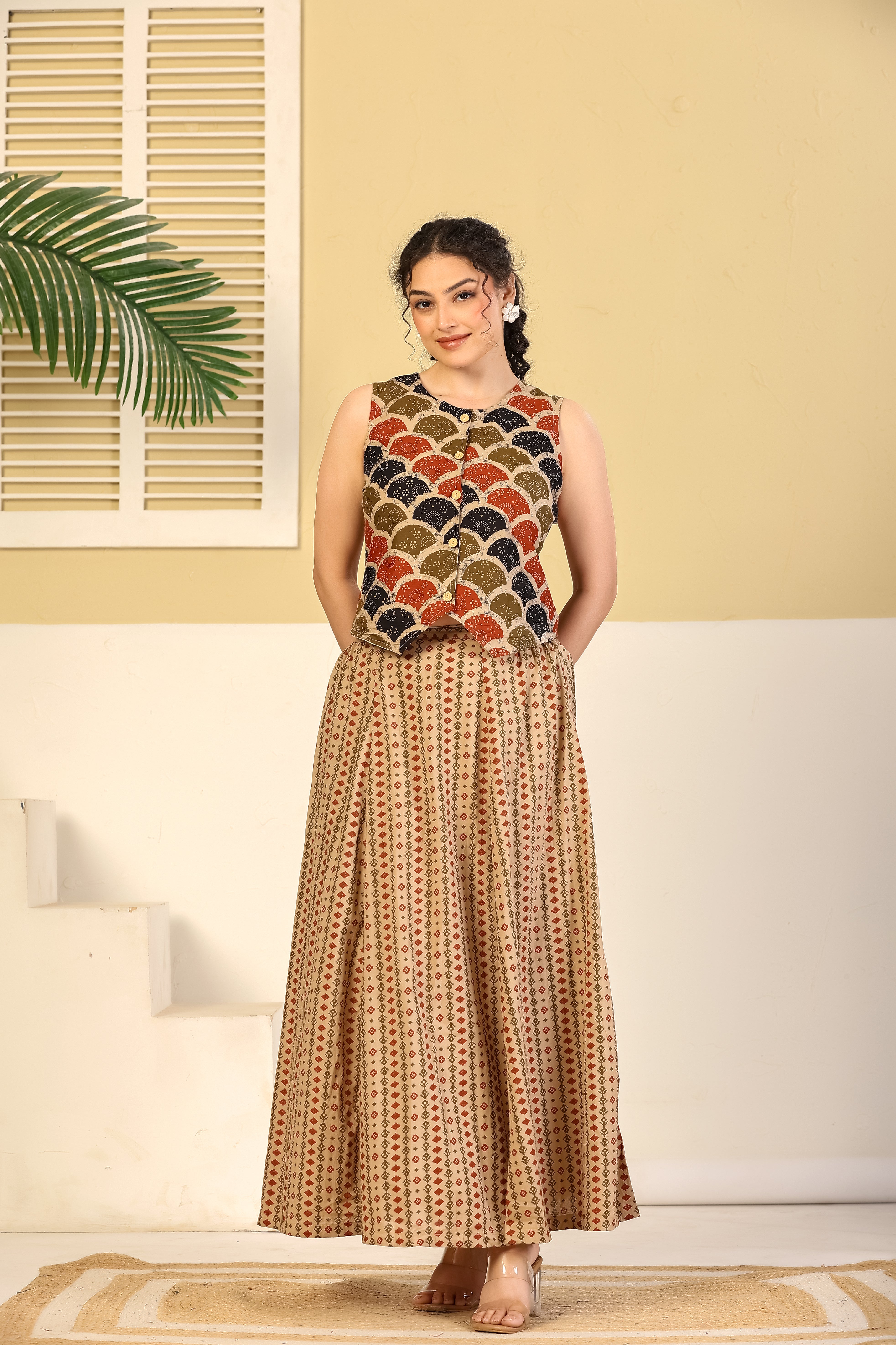 Rust Scallop Print Crop Top & Beige Flared Skirt Set