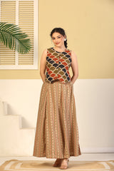 Rust Scallop Print Crop Top & Beige Flared Skirt Set