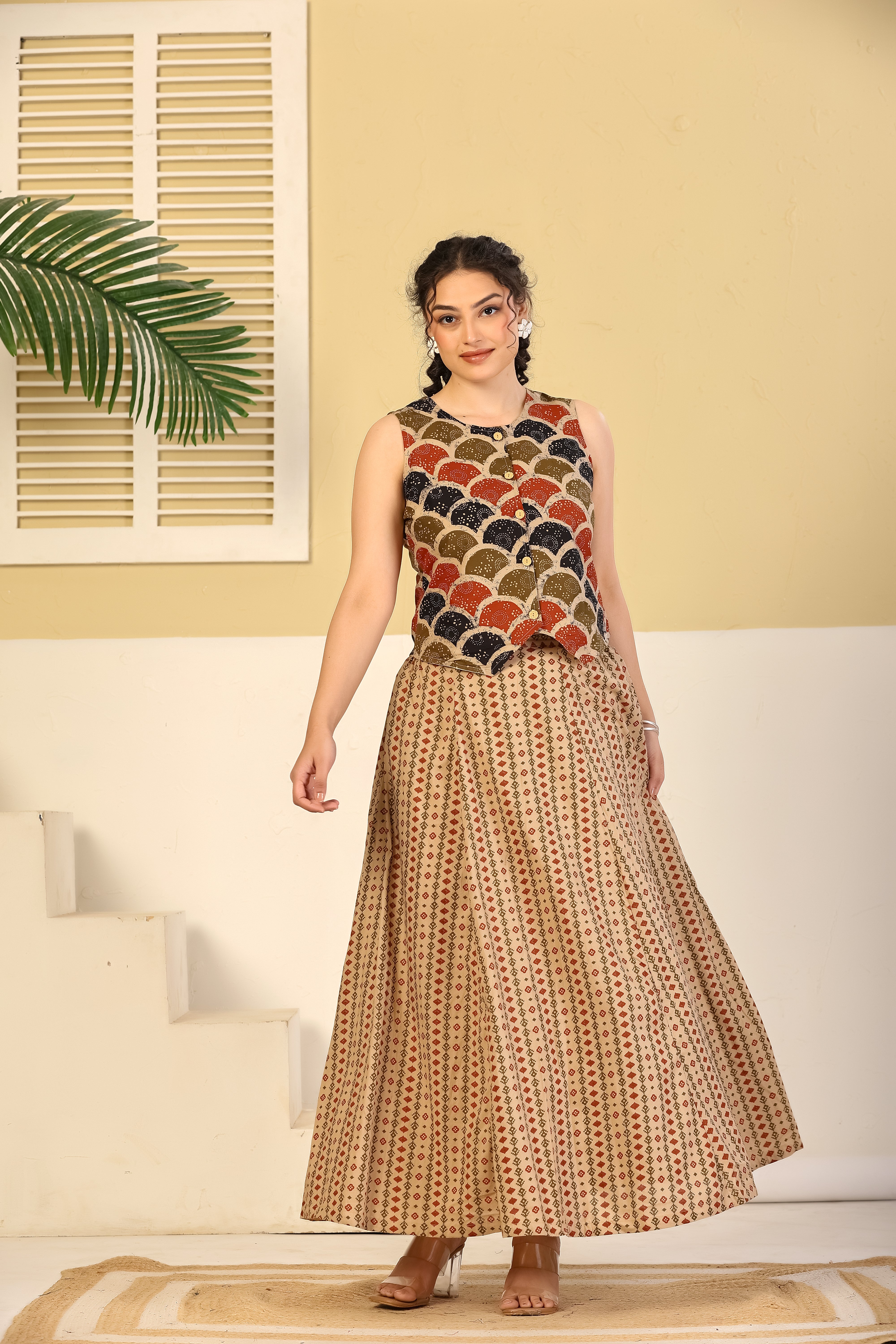 Rust Scallop Print Crop Top & Beige Flared Skirt Set