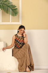 Rust Scallop Print Crop Top & Beige Flared Skirt Set
