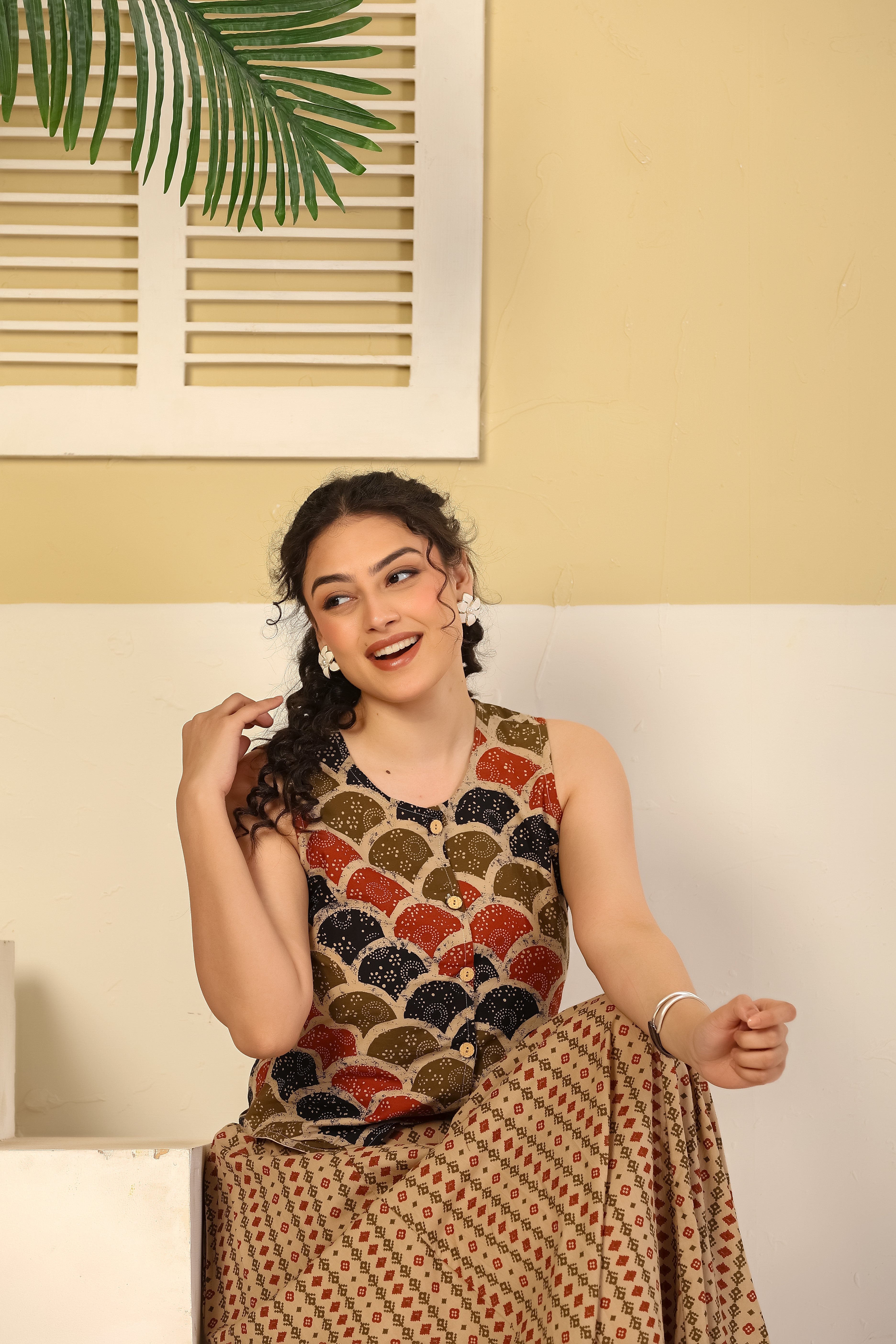 Rust Scallop Print Crop Top & Beige Flared Skirt Set