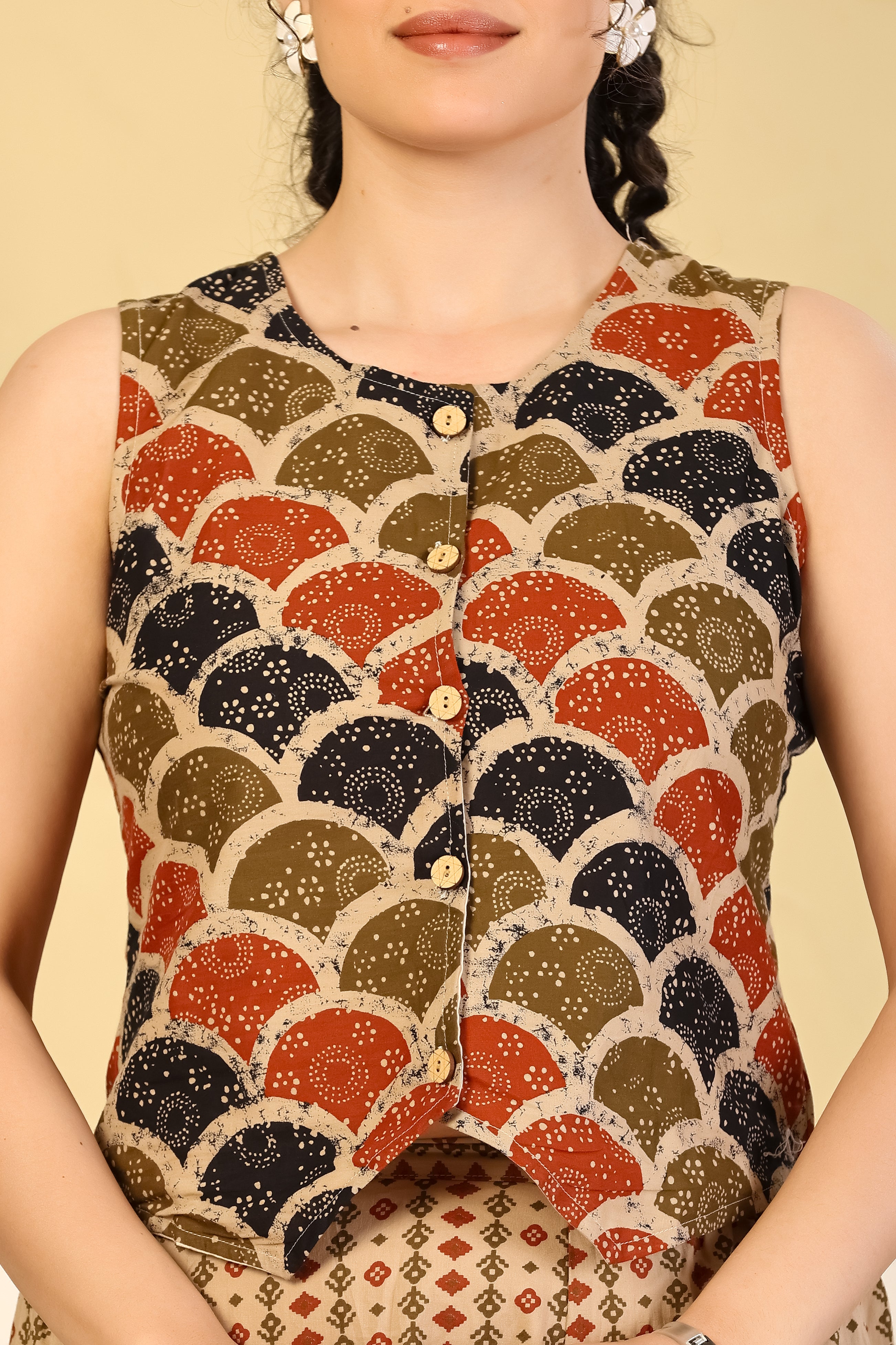 Rust Scallop Print Crop Top & Beige Flared Skirt Set