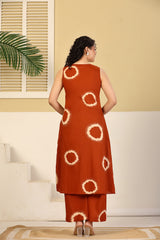 Rust Circular Print Sleeveless Kurta & Pants Set