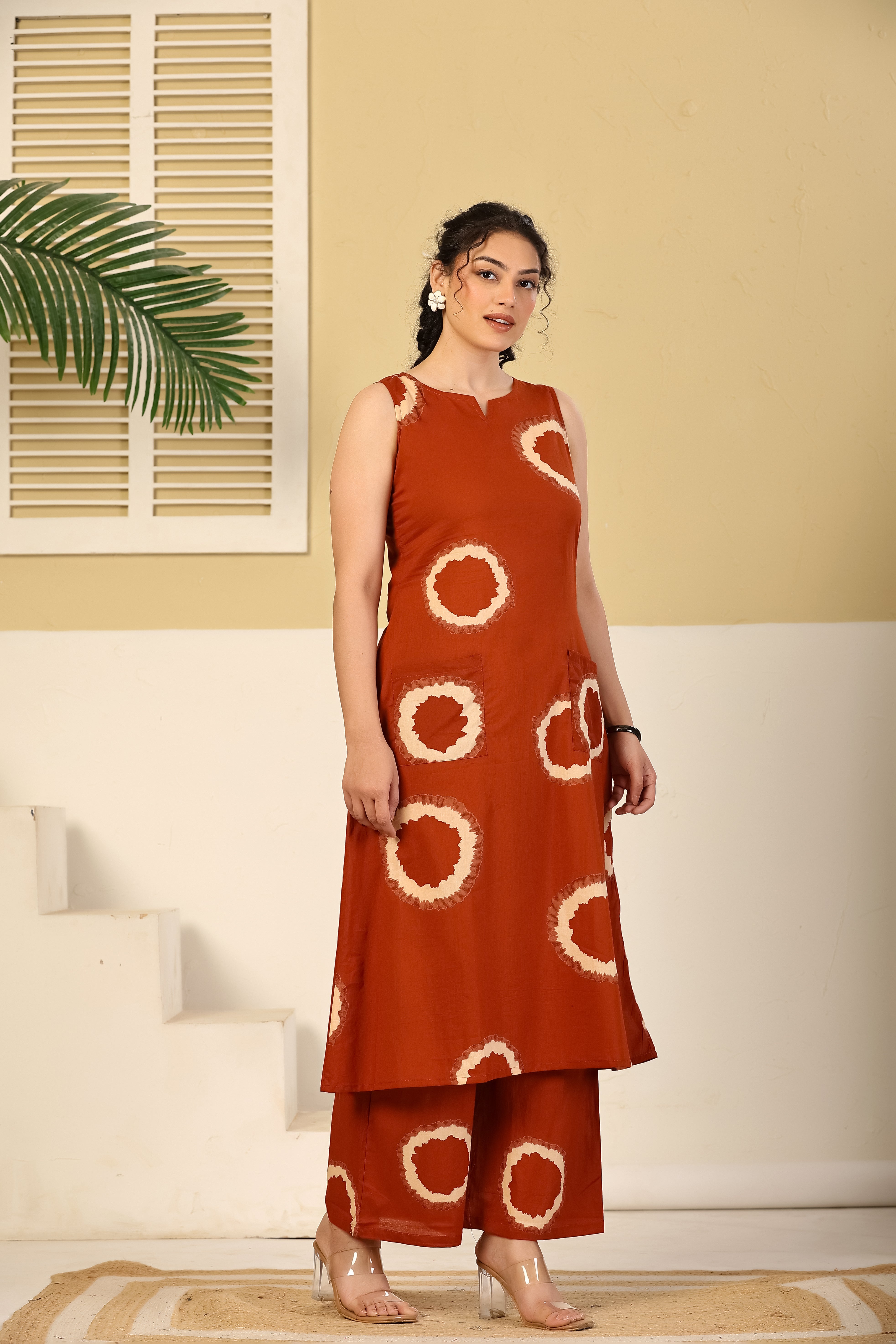 Rust Circular Print Sleeveless Kurta & Pants Set