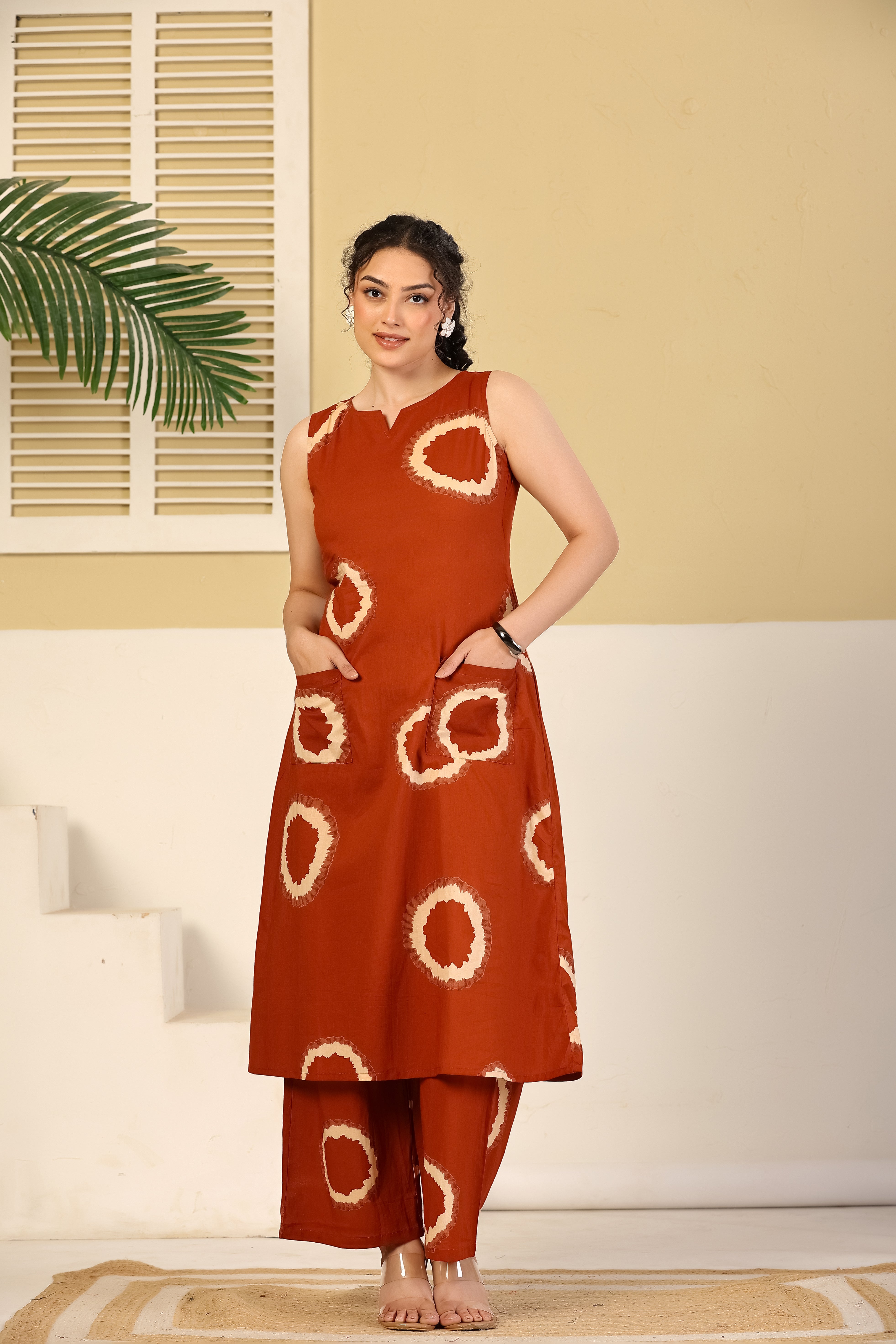 Rust Circular Print Sleeveless Kurta & Pants Set