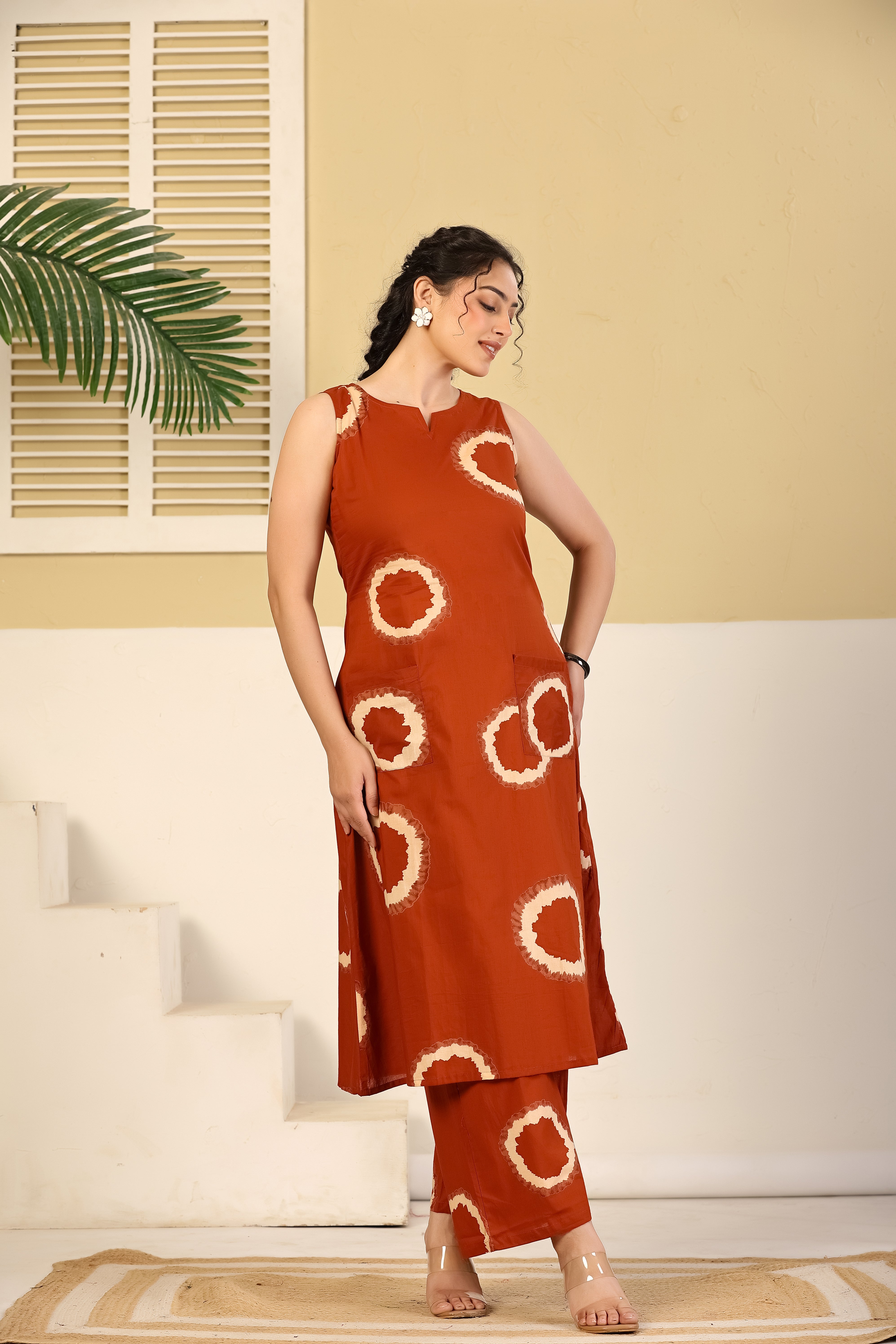Rust Circular Print Sleeveless Kurta & Pants Set