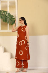 Rust Circular Print Sleeveless Kurta & Pants Set