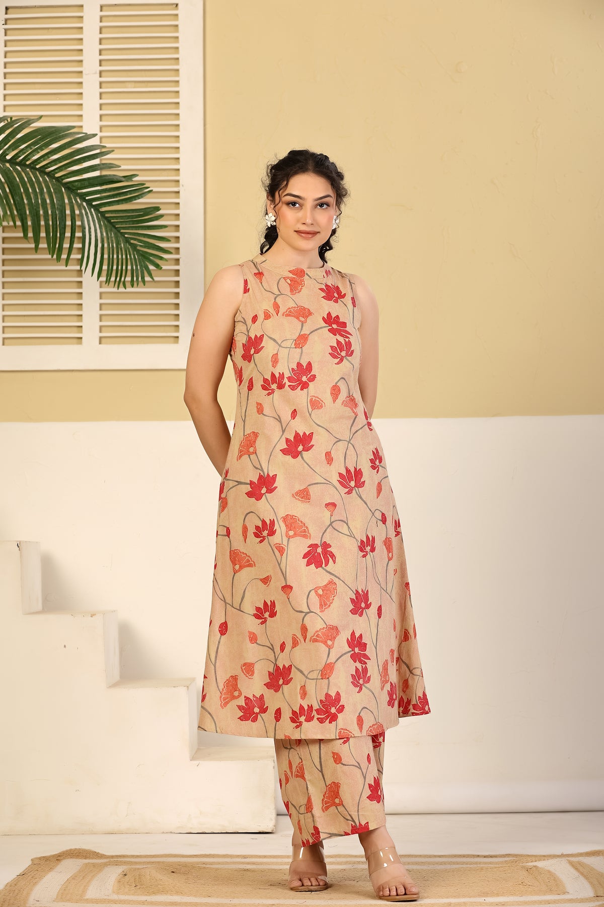 Beige Floral Vine Sleeveless Kurta & Pants Set