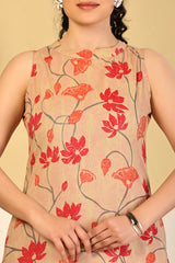 Beige Floral Vine Sleeveless Kurta & Pants Set