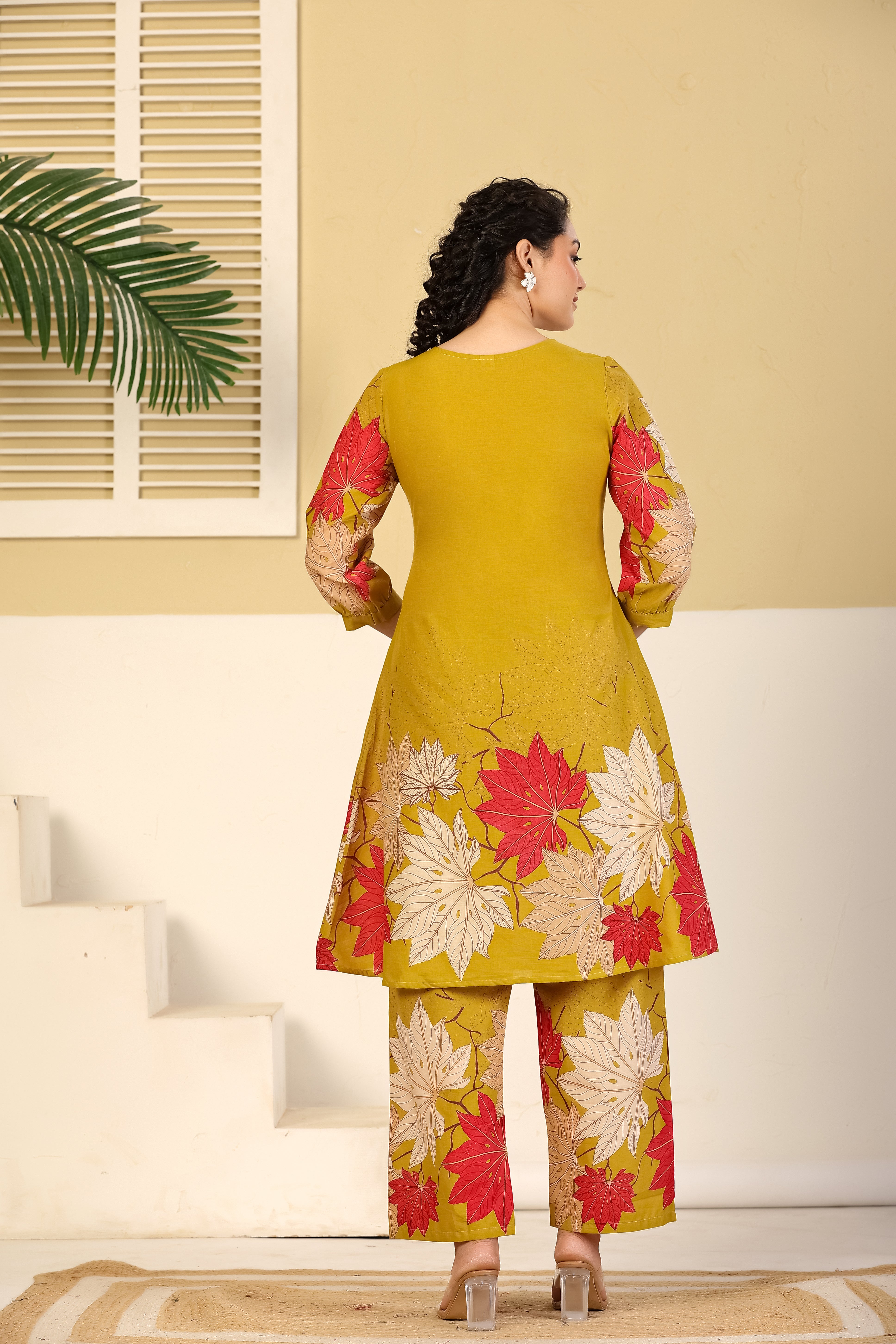 Mustard Leaf Print A-Line Kurta & Pants Set