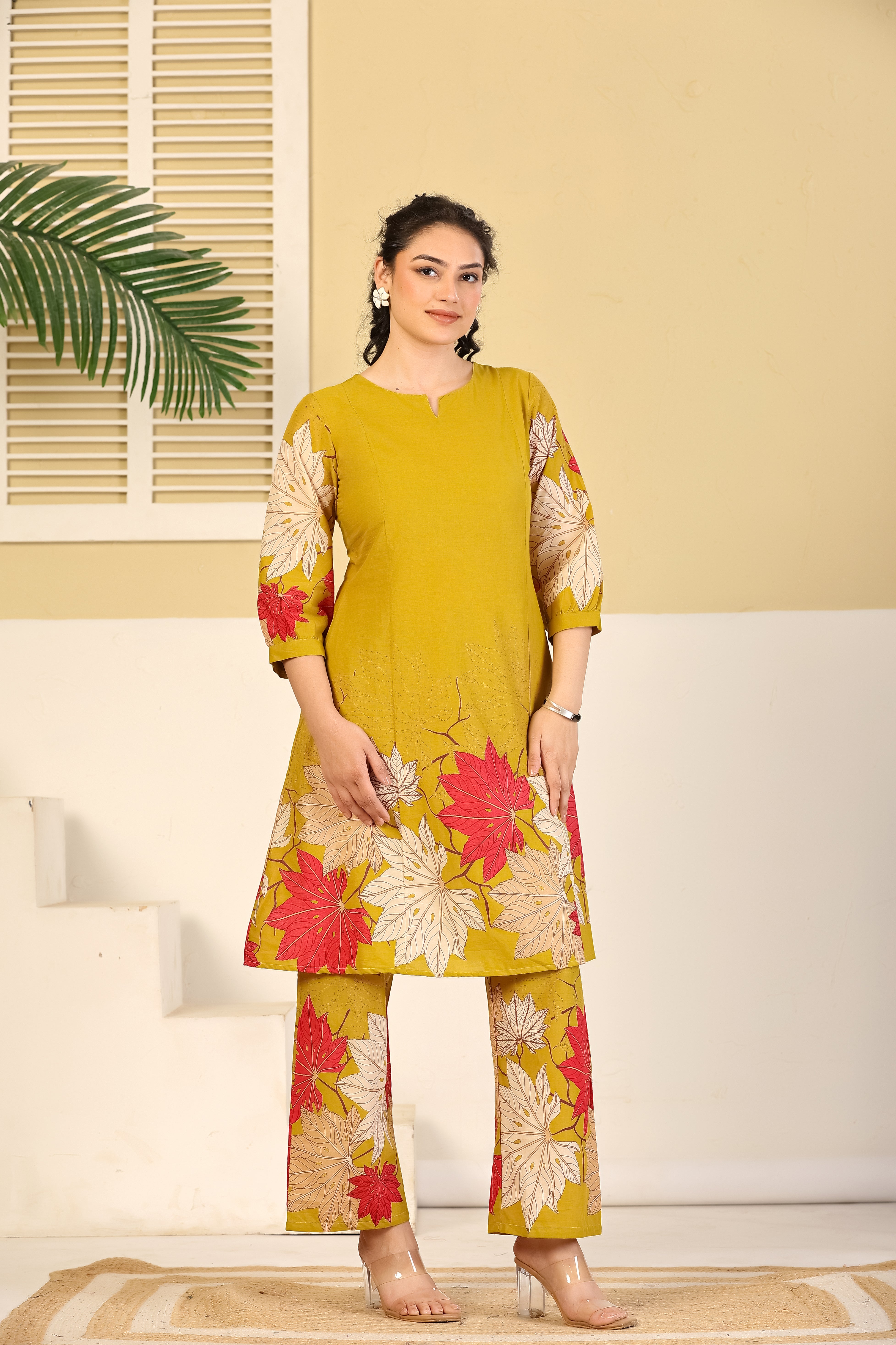 Mustard Leaf Print A-Line Kurta & Pants Set