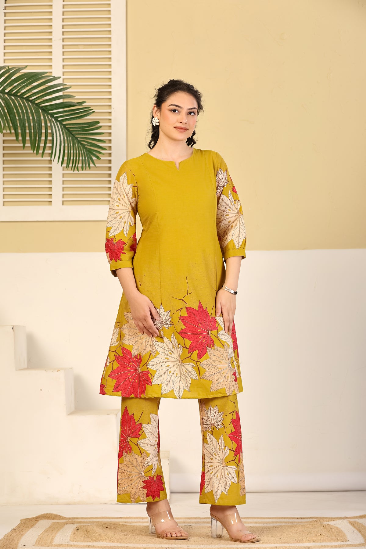 Mustard Leaf Print A-Line Kurta & Pants Set