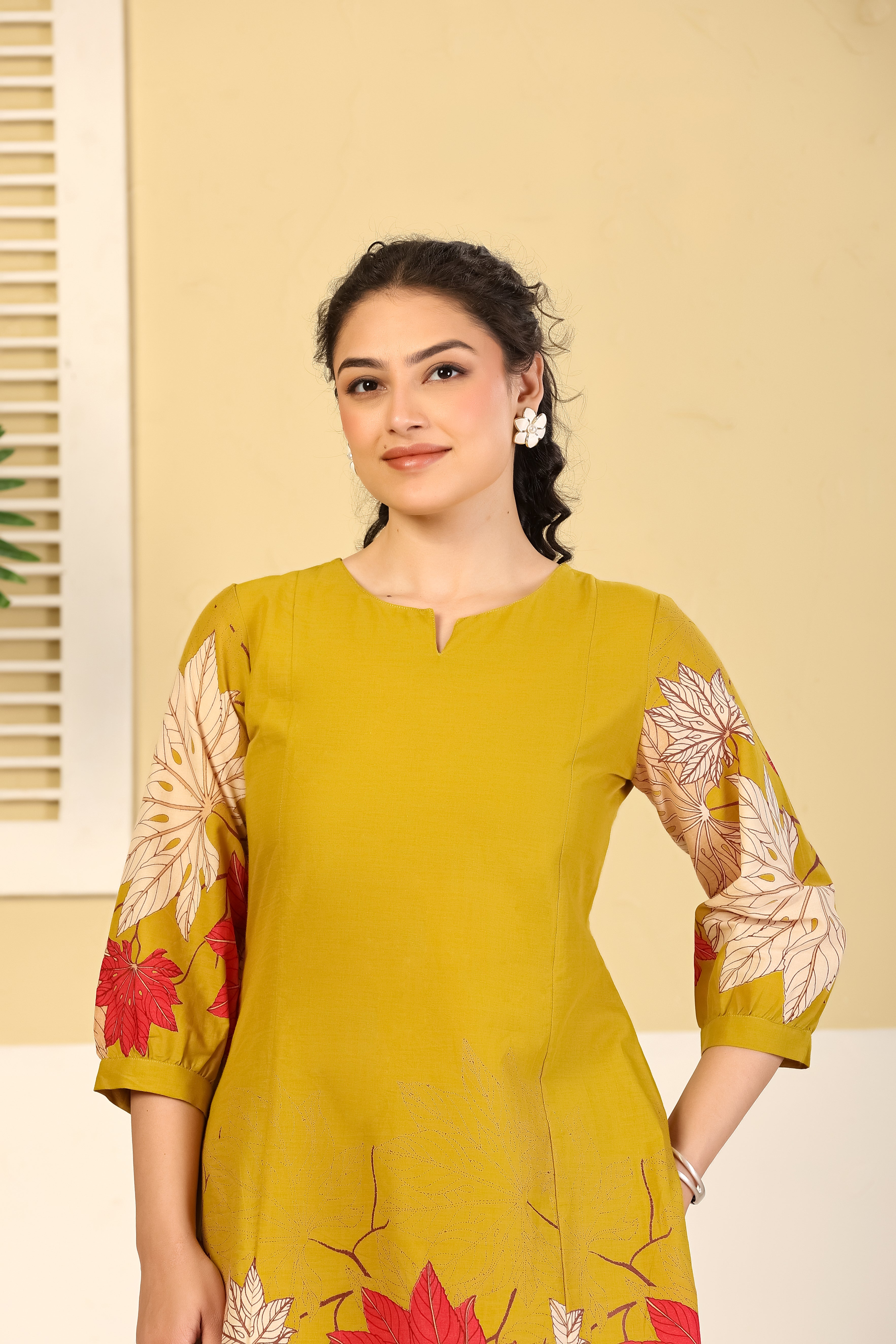 Mustard Leaf Print A-Line Kurta & Pants Set