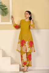 Mustard Leaf Print A-Line Kurta & Pants Set