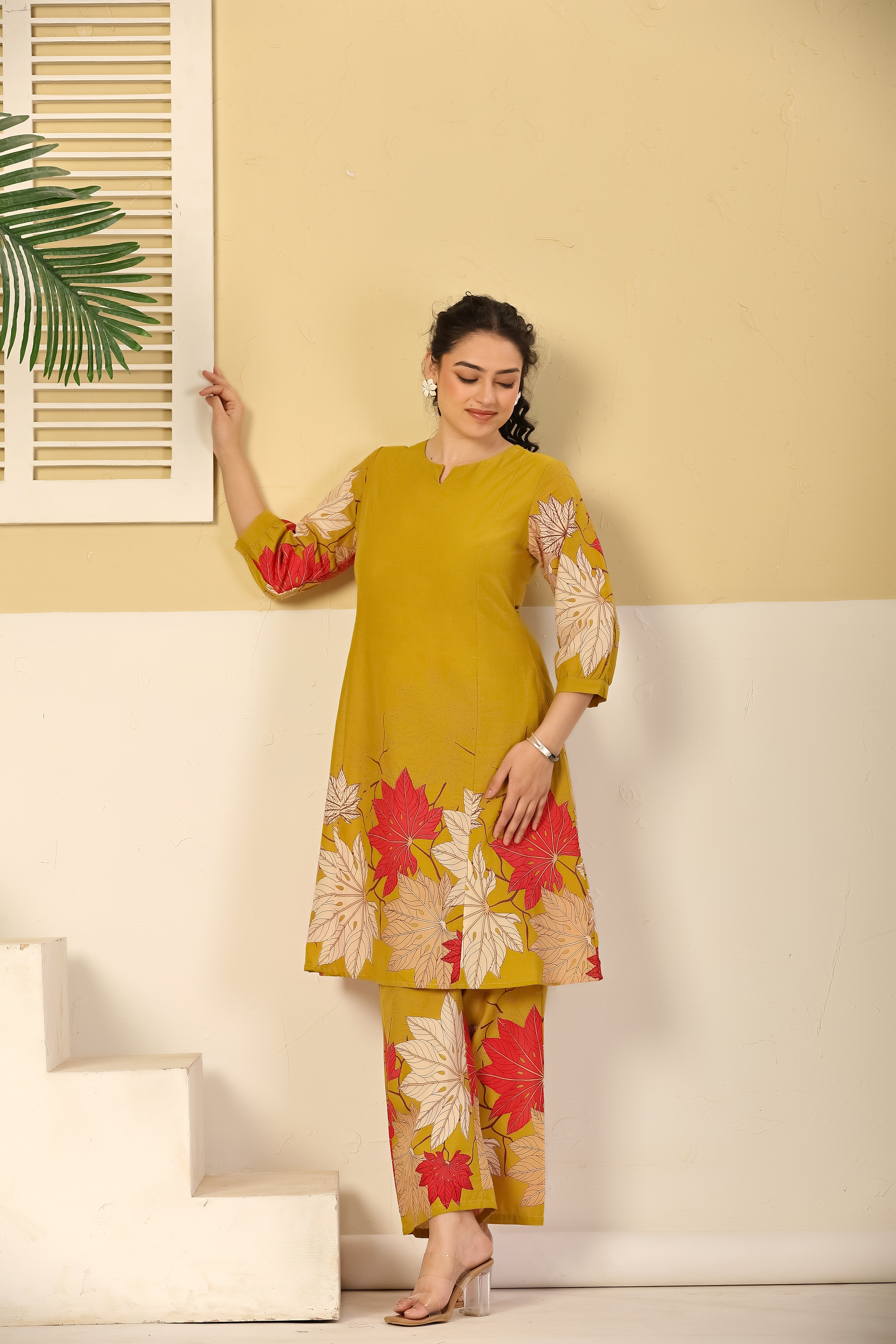 Mustard Leaf Print A-Line Kurta & Pants Set