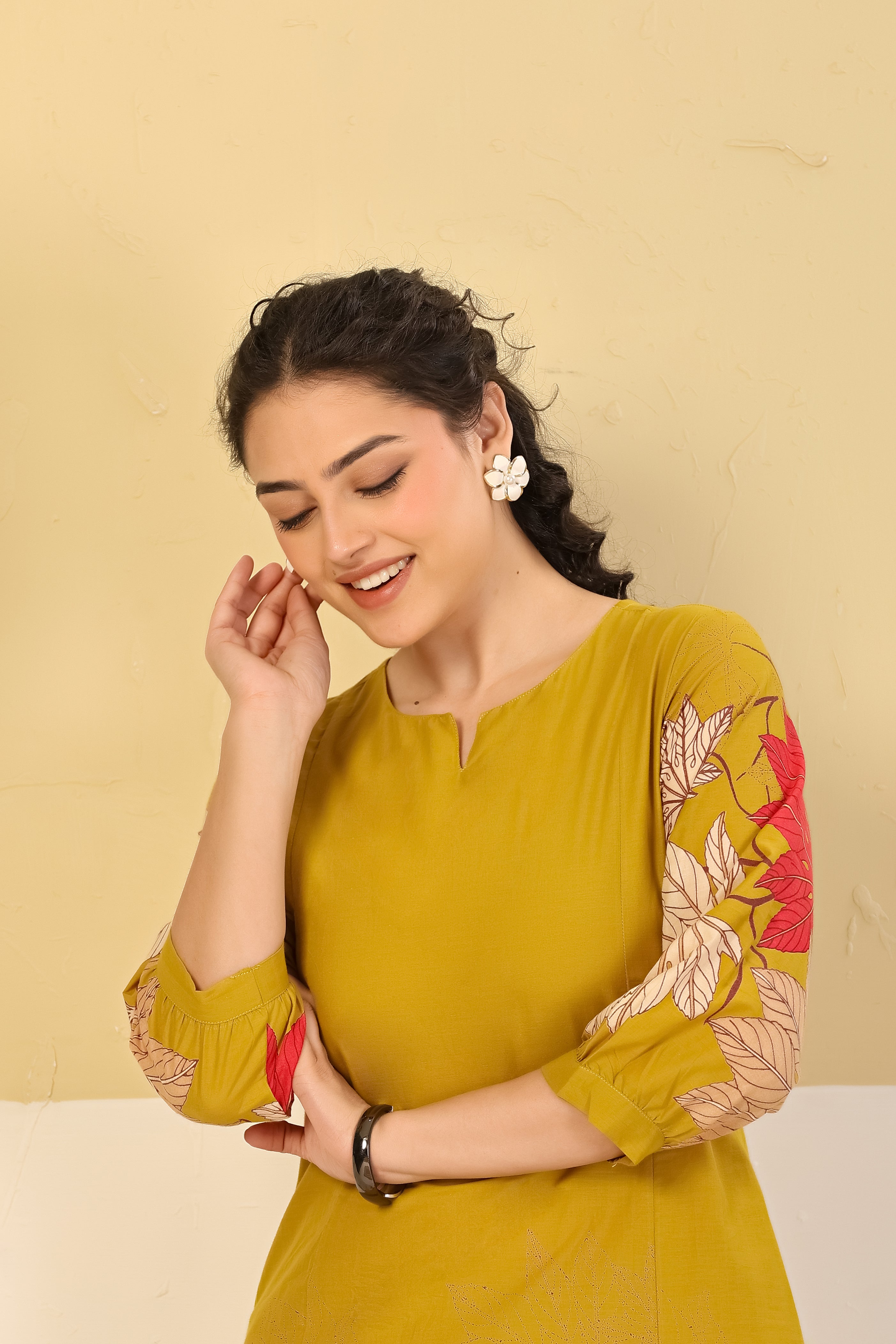 Mustard Leaf Print A-Line Kurta & Pants Set