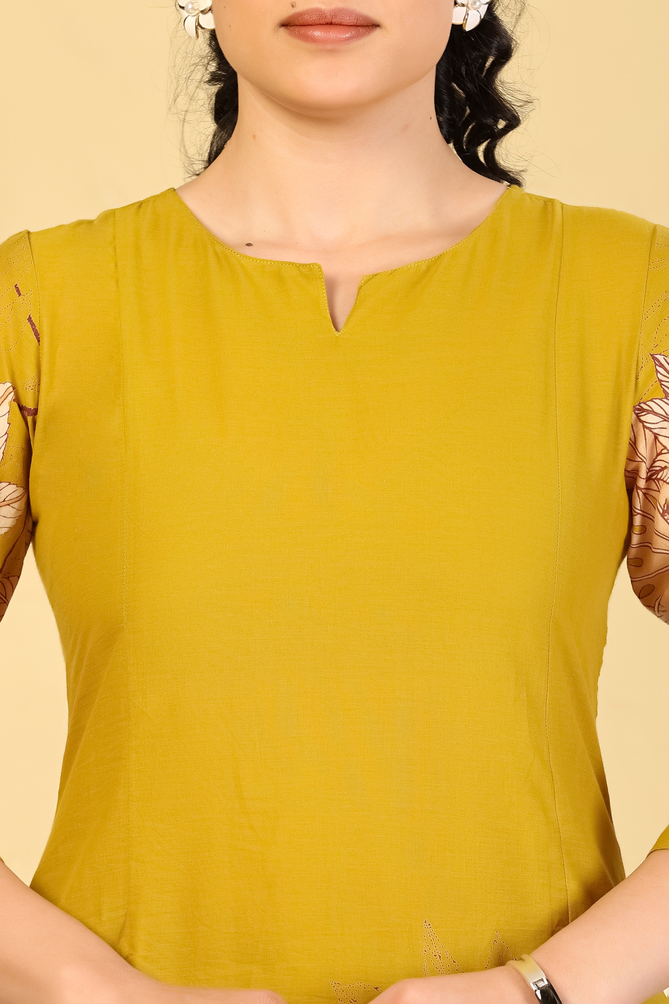 Mustard Leaf Print A-Line Kurta & Pants Set