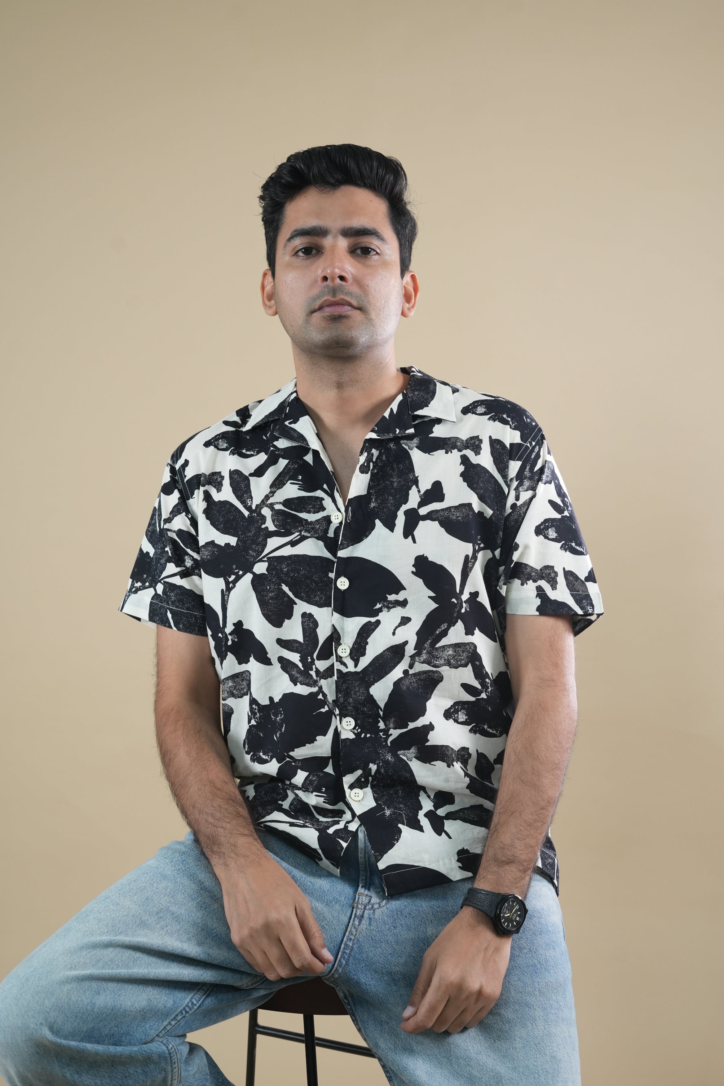 Monochrome Leaf Cuban Collar Shirt