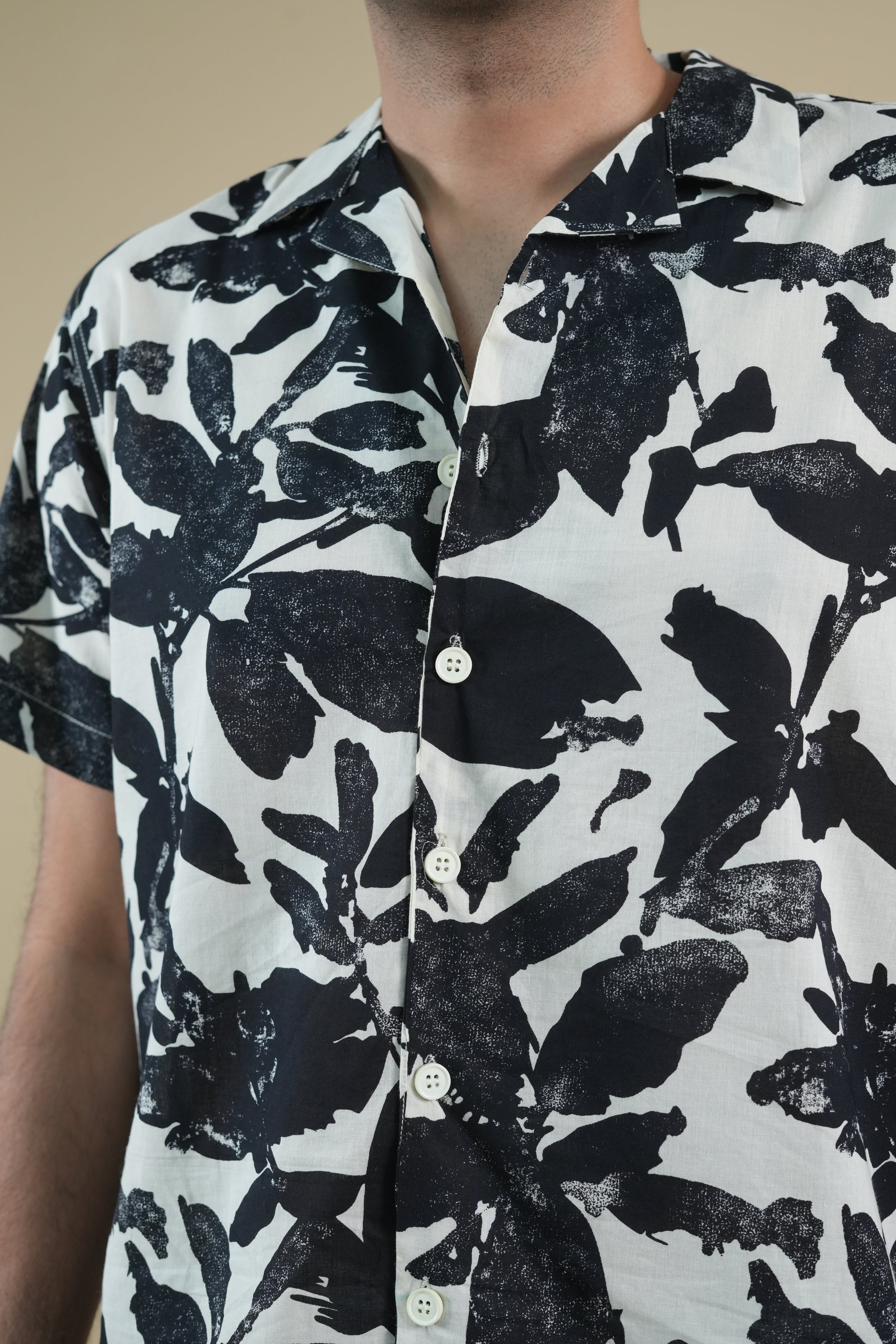 Monochrome Leaf Cuban Collar Shirt