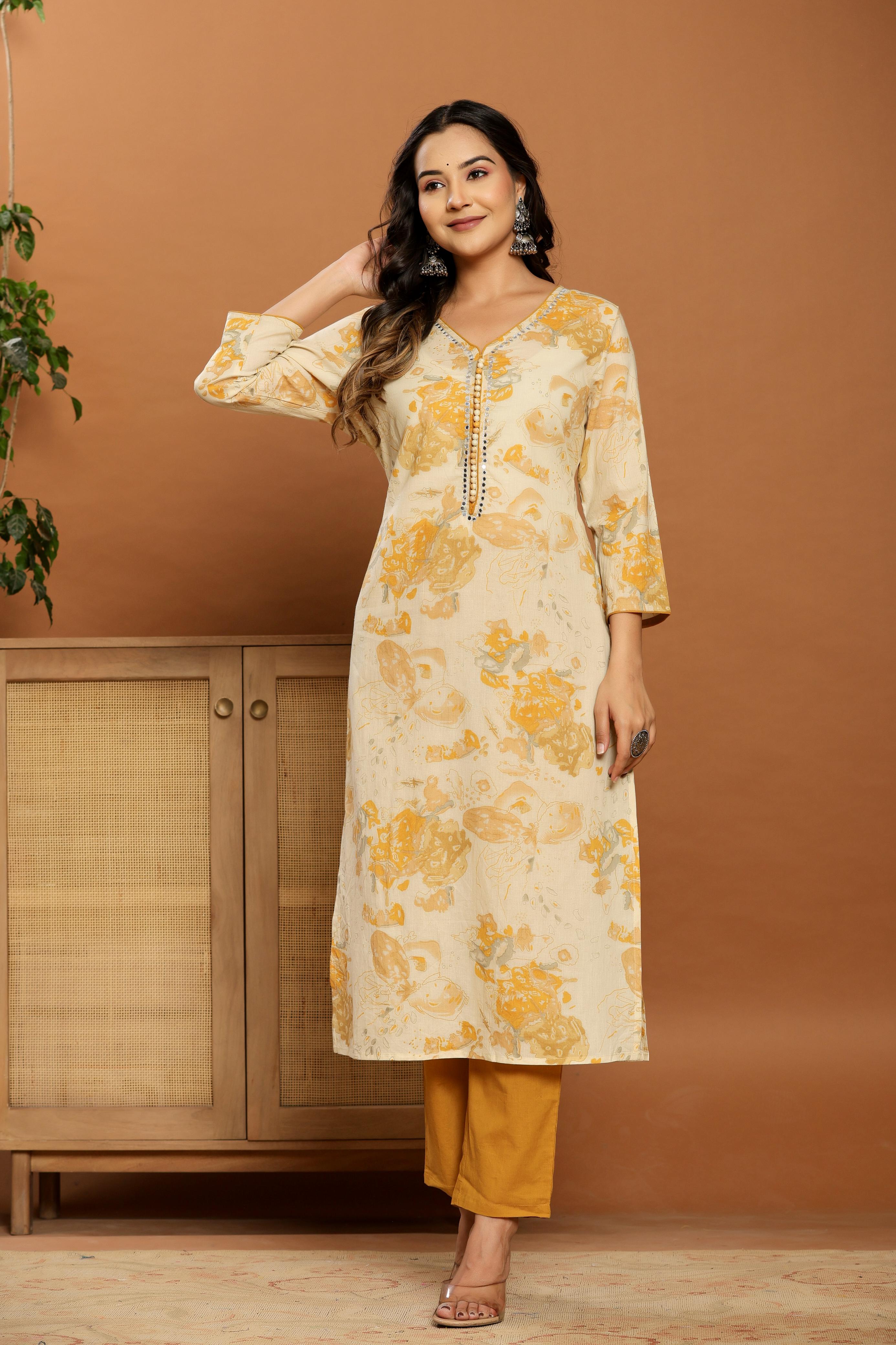 Golden Bloom Printed Cotton Suit