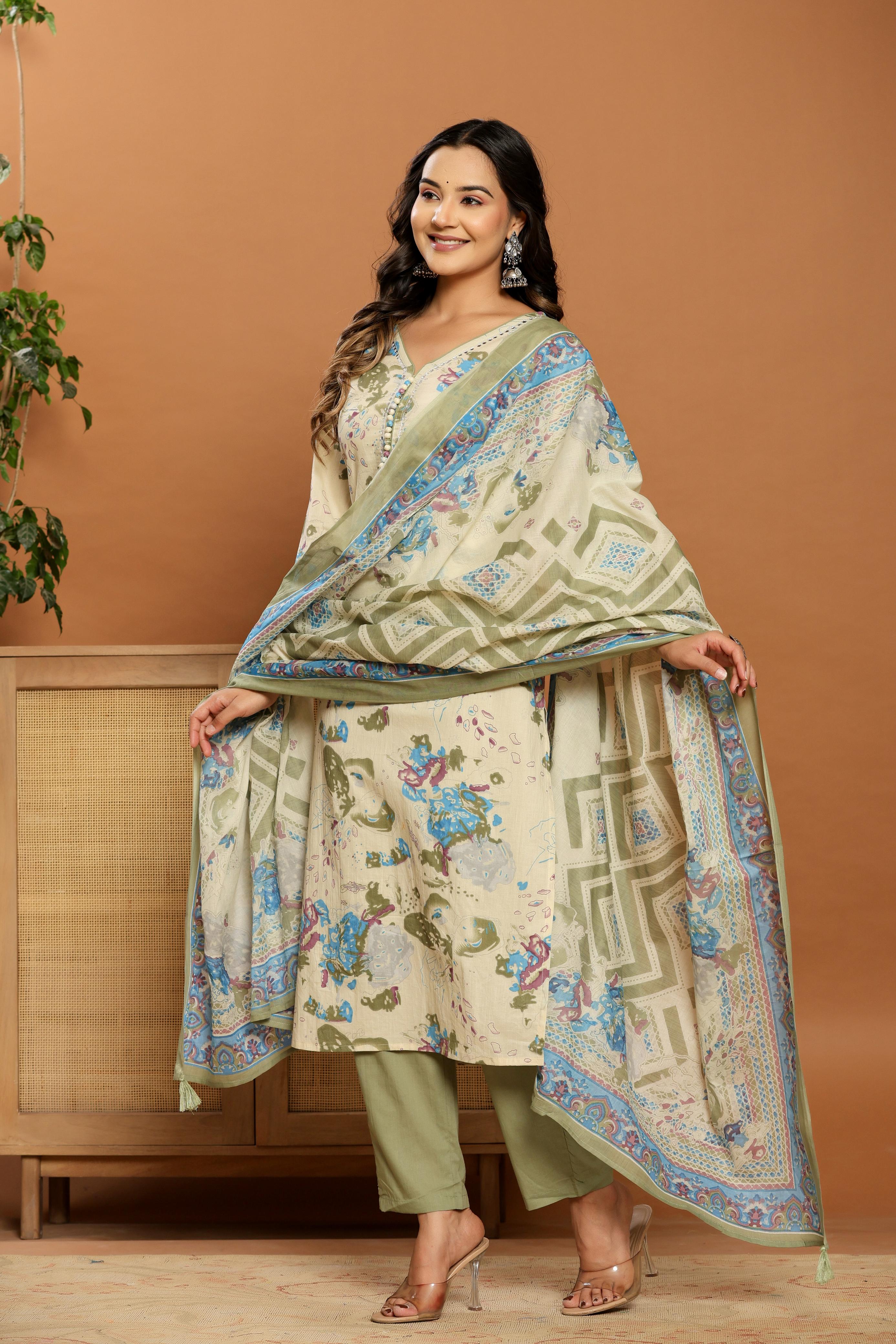 Floral Breeze Beige Cotton Suits