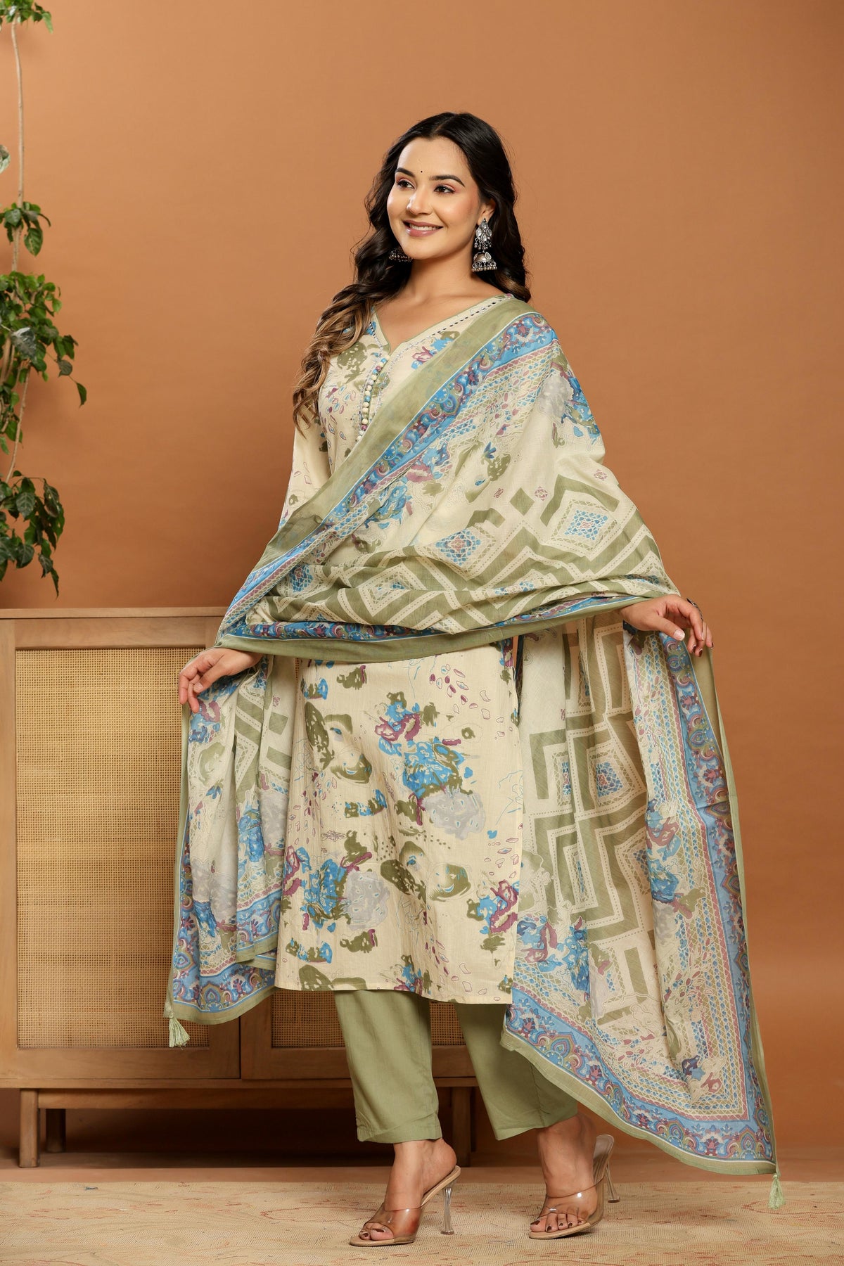 Floral Breeze Beige Cotton Suits