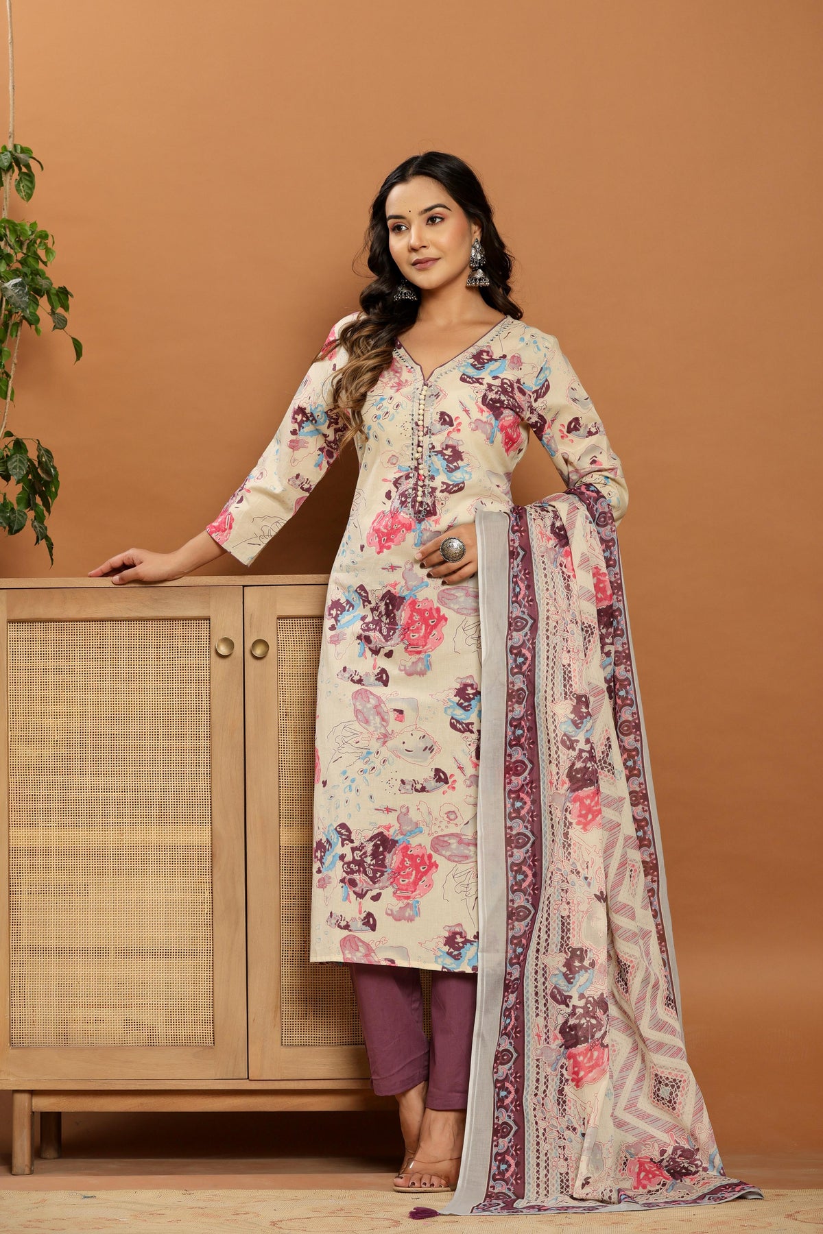 Magenta Bloom Beige Cotton Suit