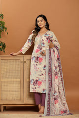 Magenta Bloom Beige Cotton Suit