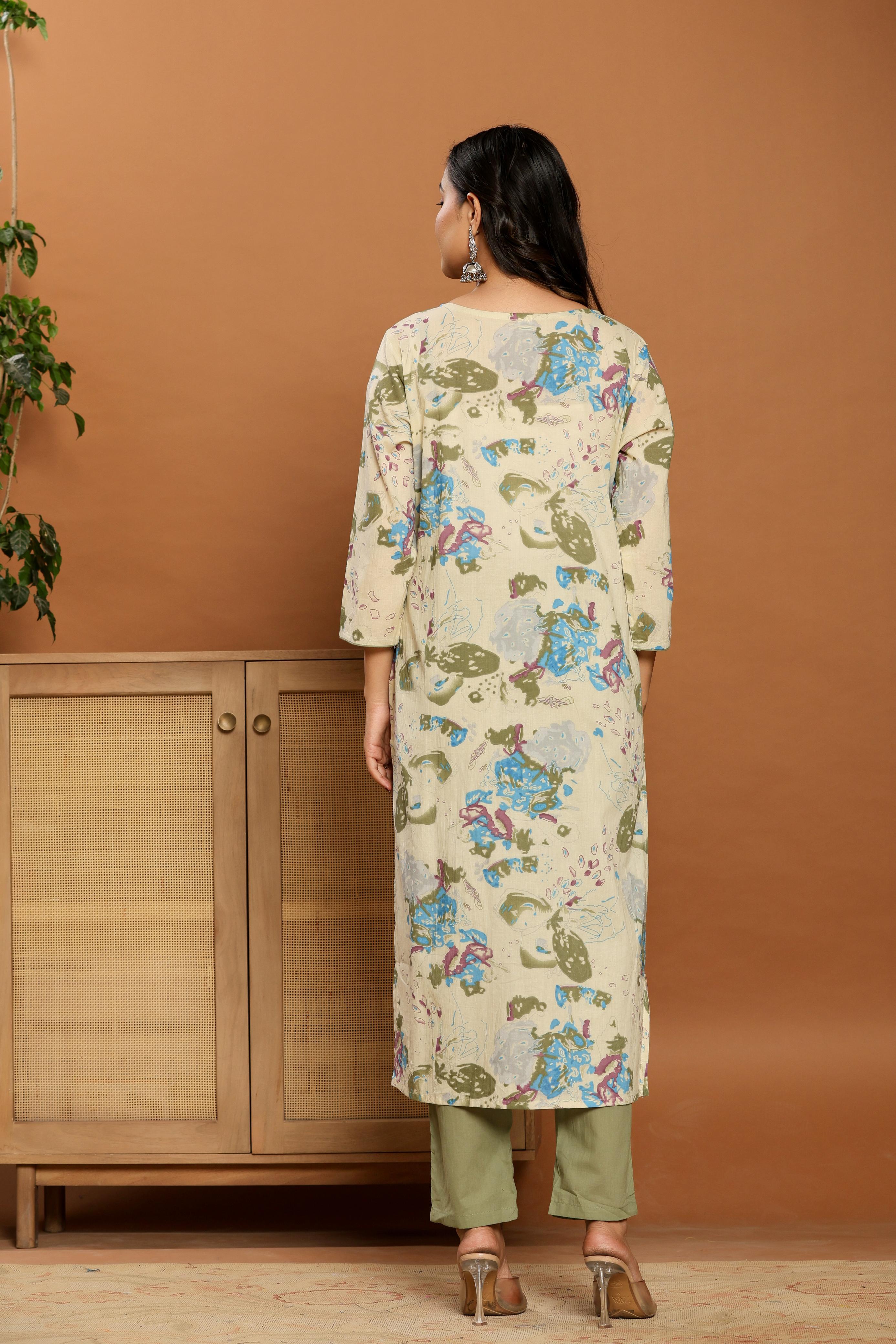 Floral Breeze Beige Cotton Suits