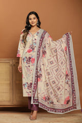 Magenta Bloom Beige Cotton Suit