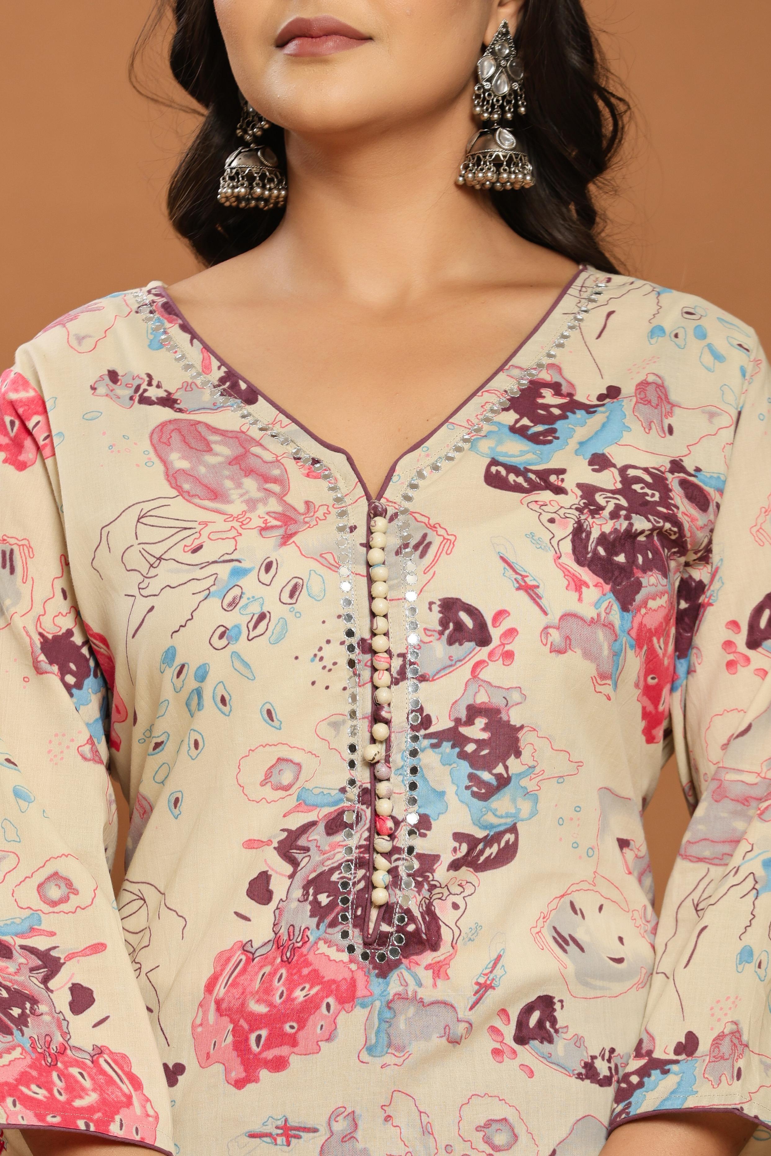 Magenta Bloom Beige Cotton Suit