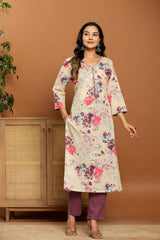 Magenta Bloom Beige Cotton Suit