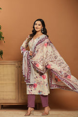 Magenta Bloom Beige Cotton Suit