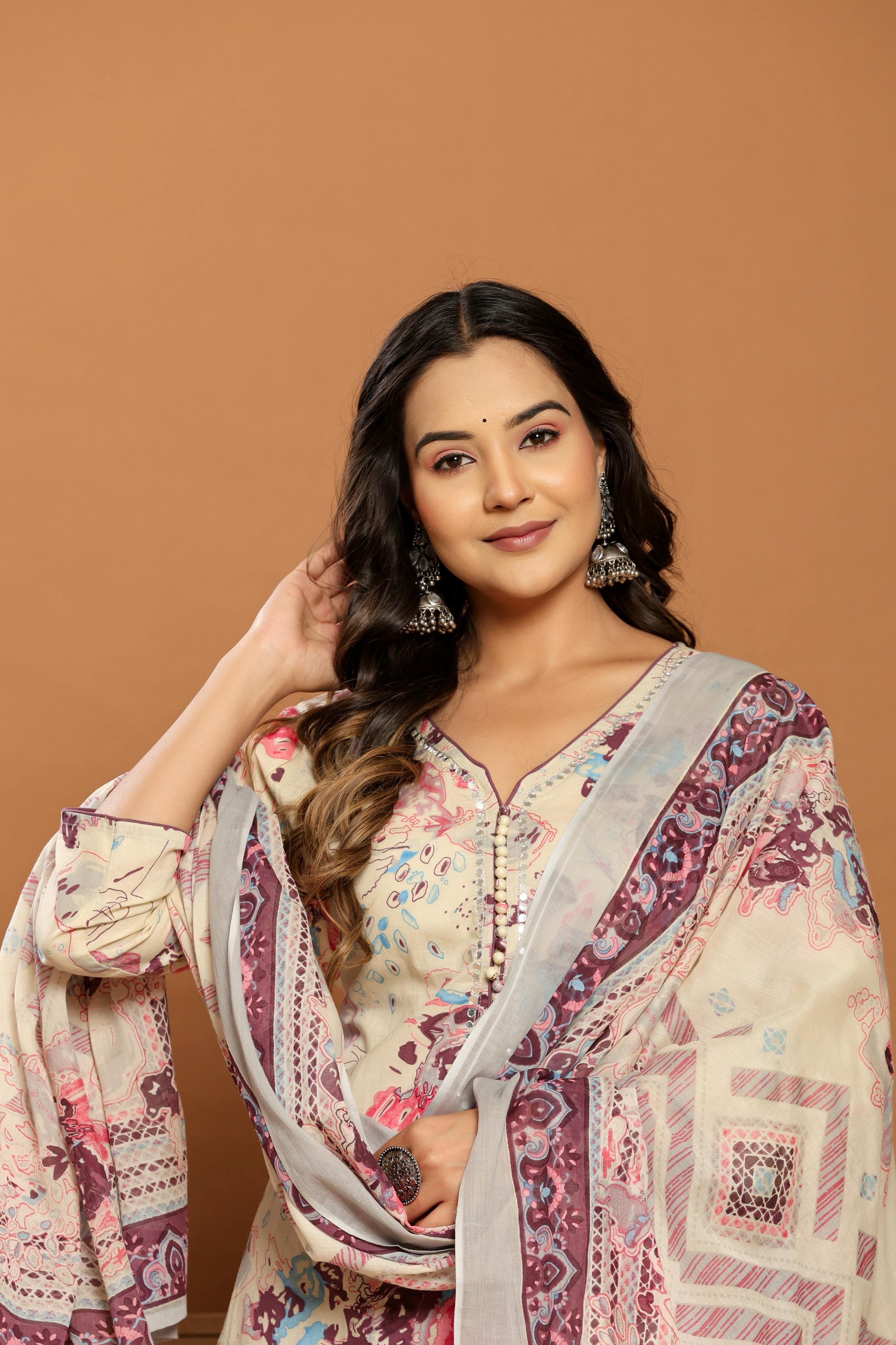 Magenta Bloom Beige Cotton Suit