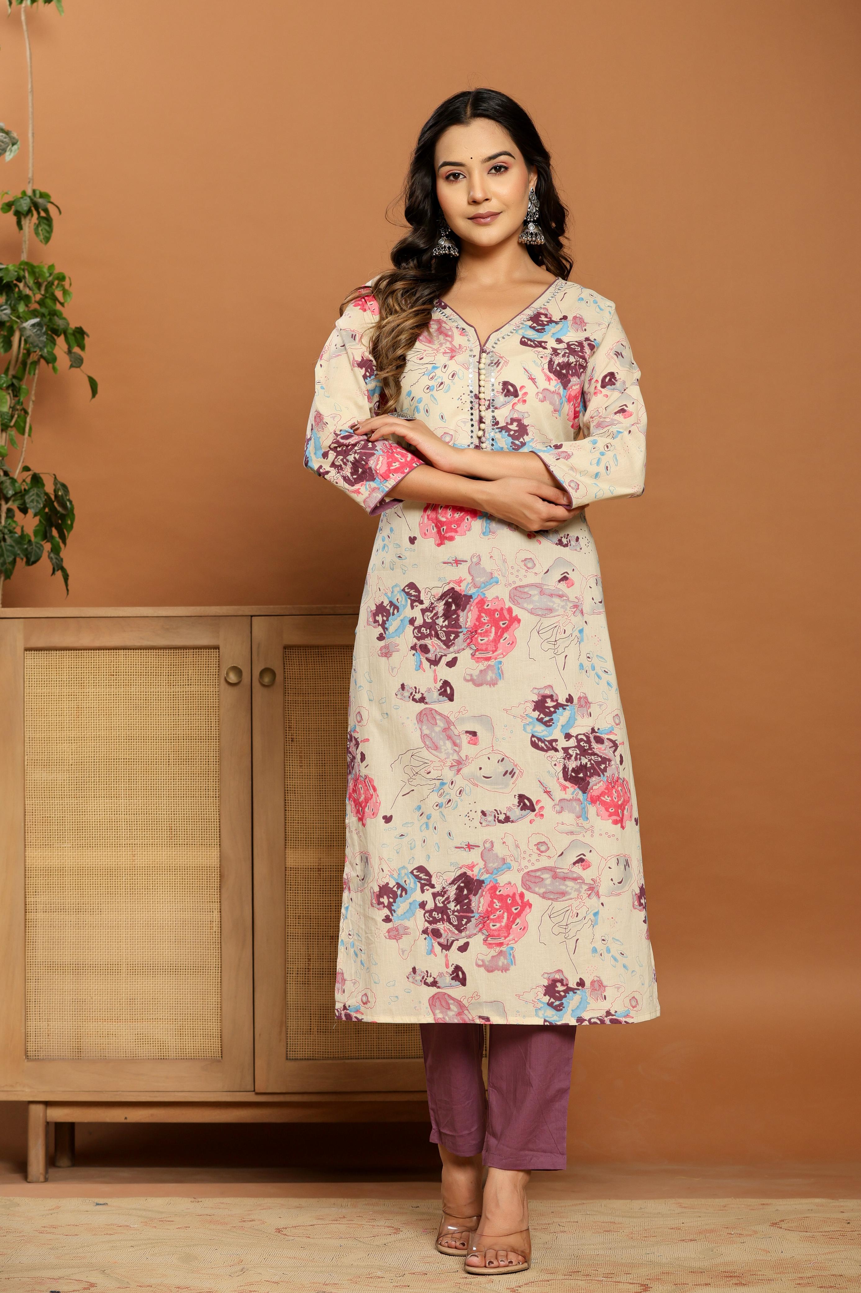 Magenta Bloom Beige Cotton Suit